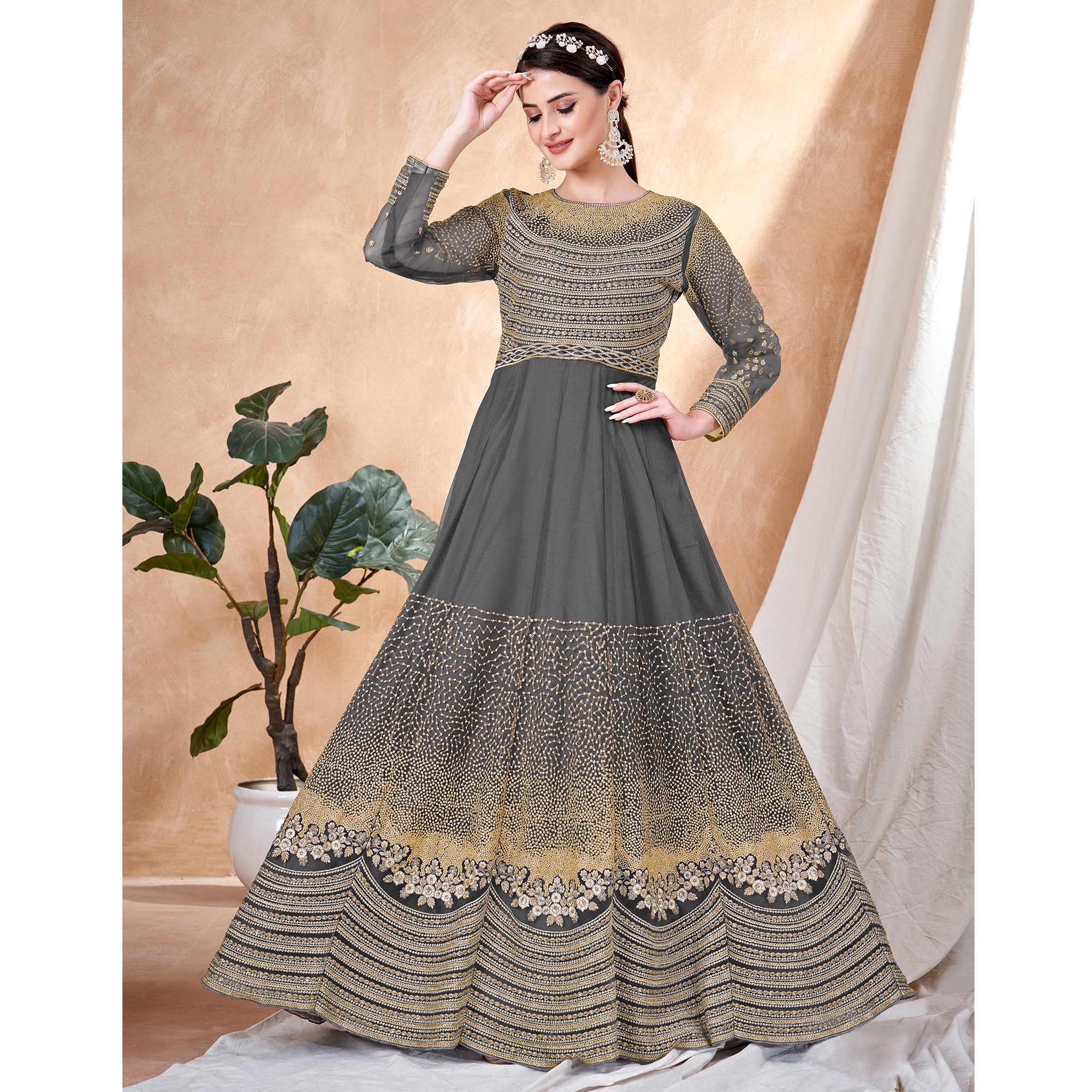 Grey Floral Embroidered Net Semi Stitched Anarkali Suit