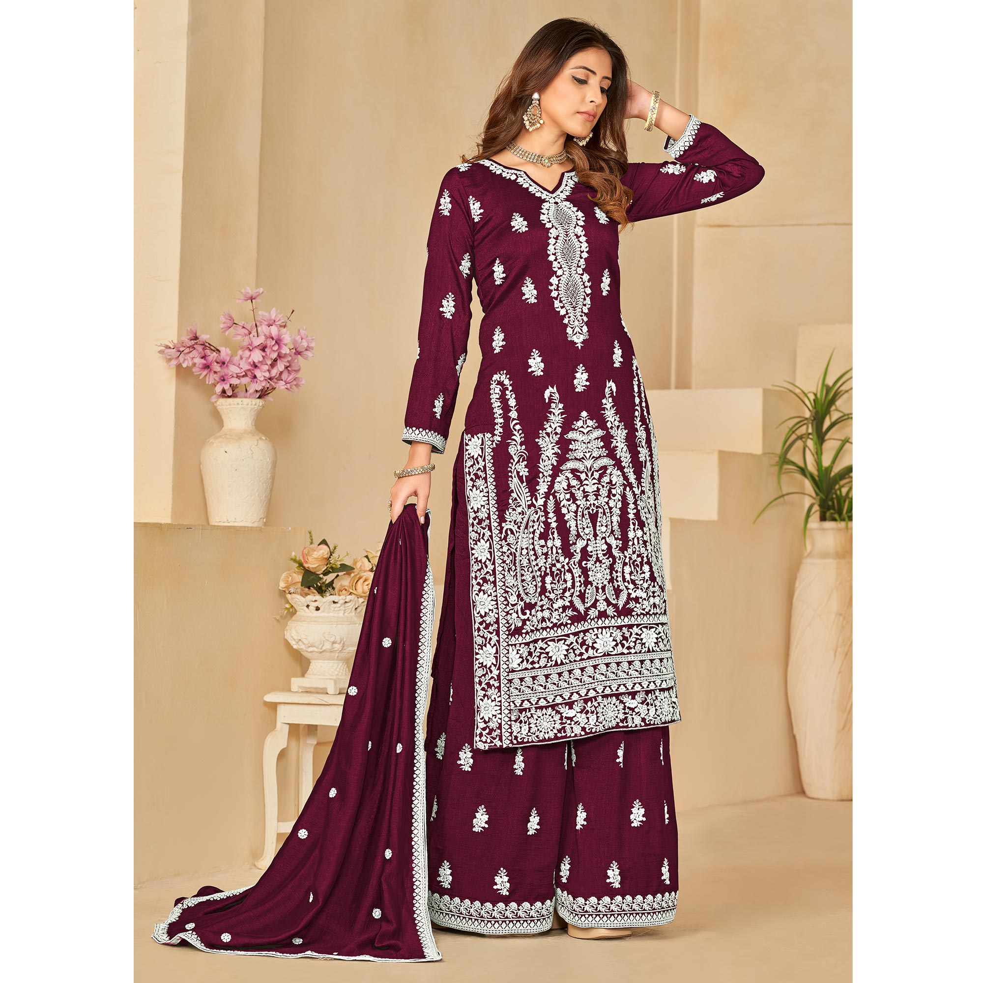 Wine Floral Embroidered Art Silk Semi Stitched Palazzo Suit