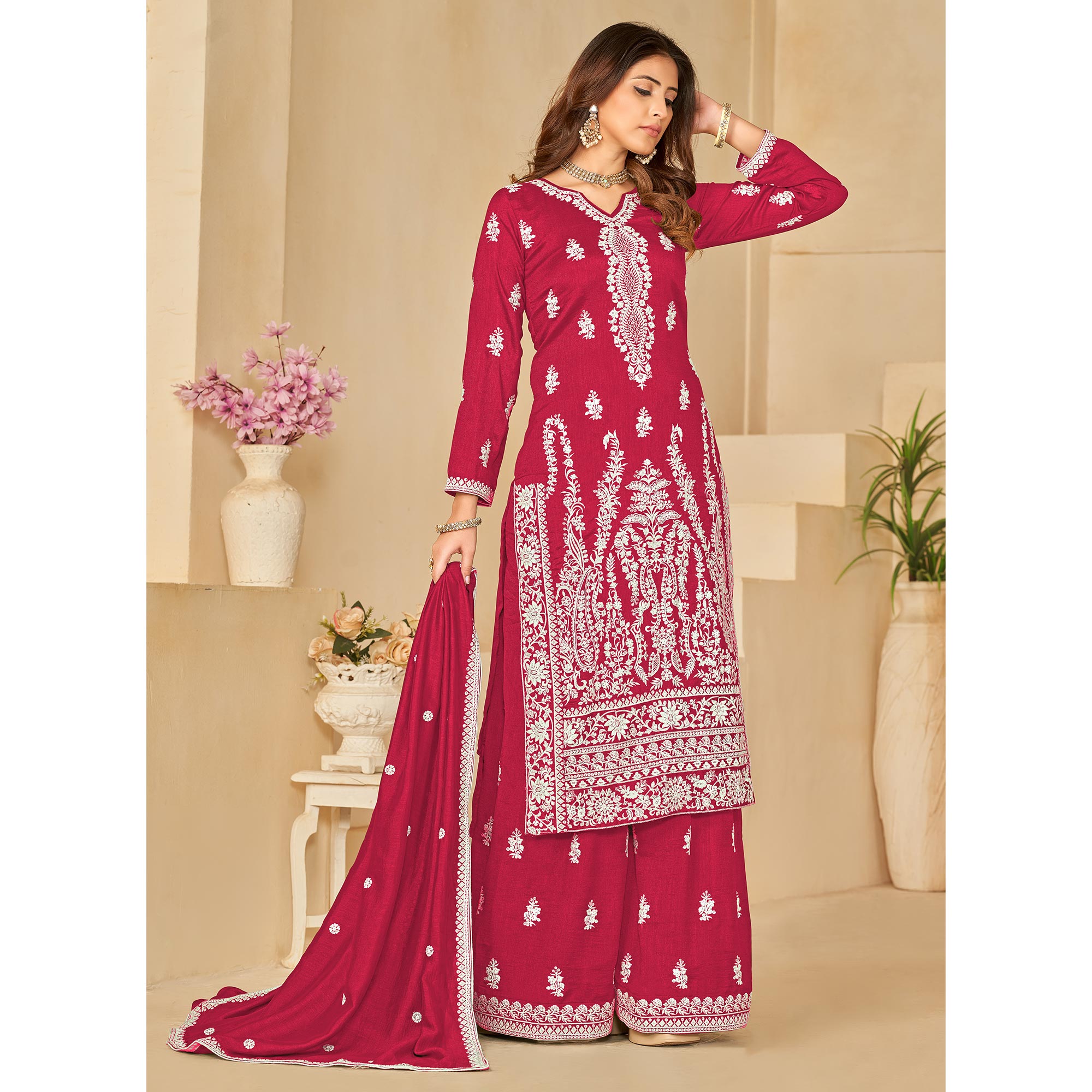 Pink Floral Embroidered Art Silk Semi Stitched Palazzo Suit