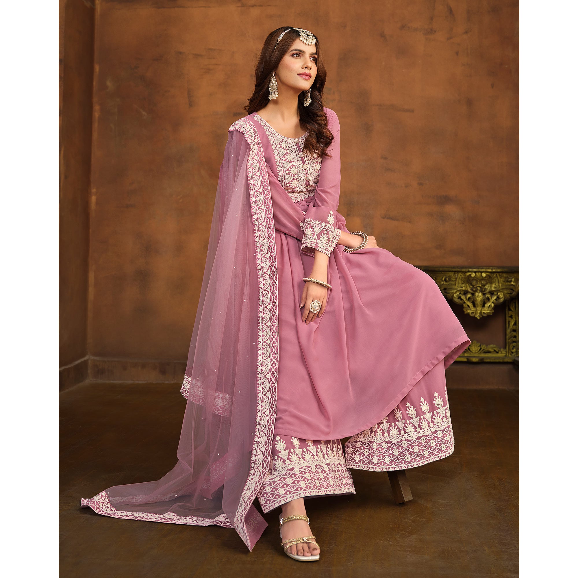 Pink Floral Embroidered Georgette Semi Stitched Palazzo Suit