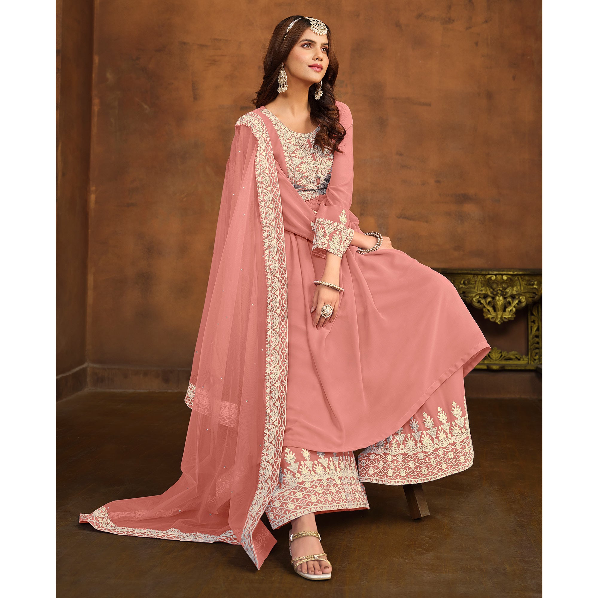 Peach Floral Embroidered Georgette Semi Stitched Palazzo Suit