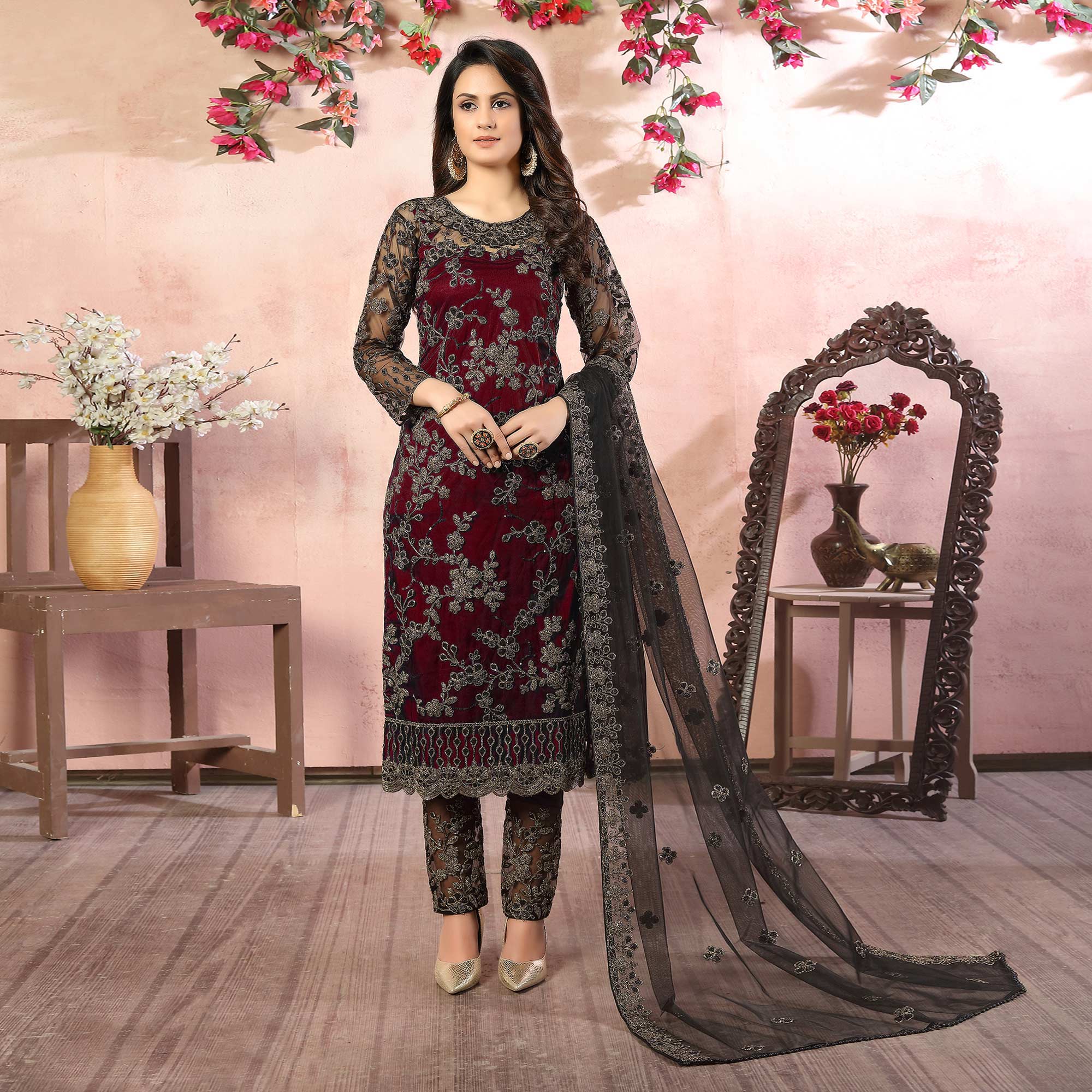 Maroon Floral Embroidered Net Semi Stitched Suit