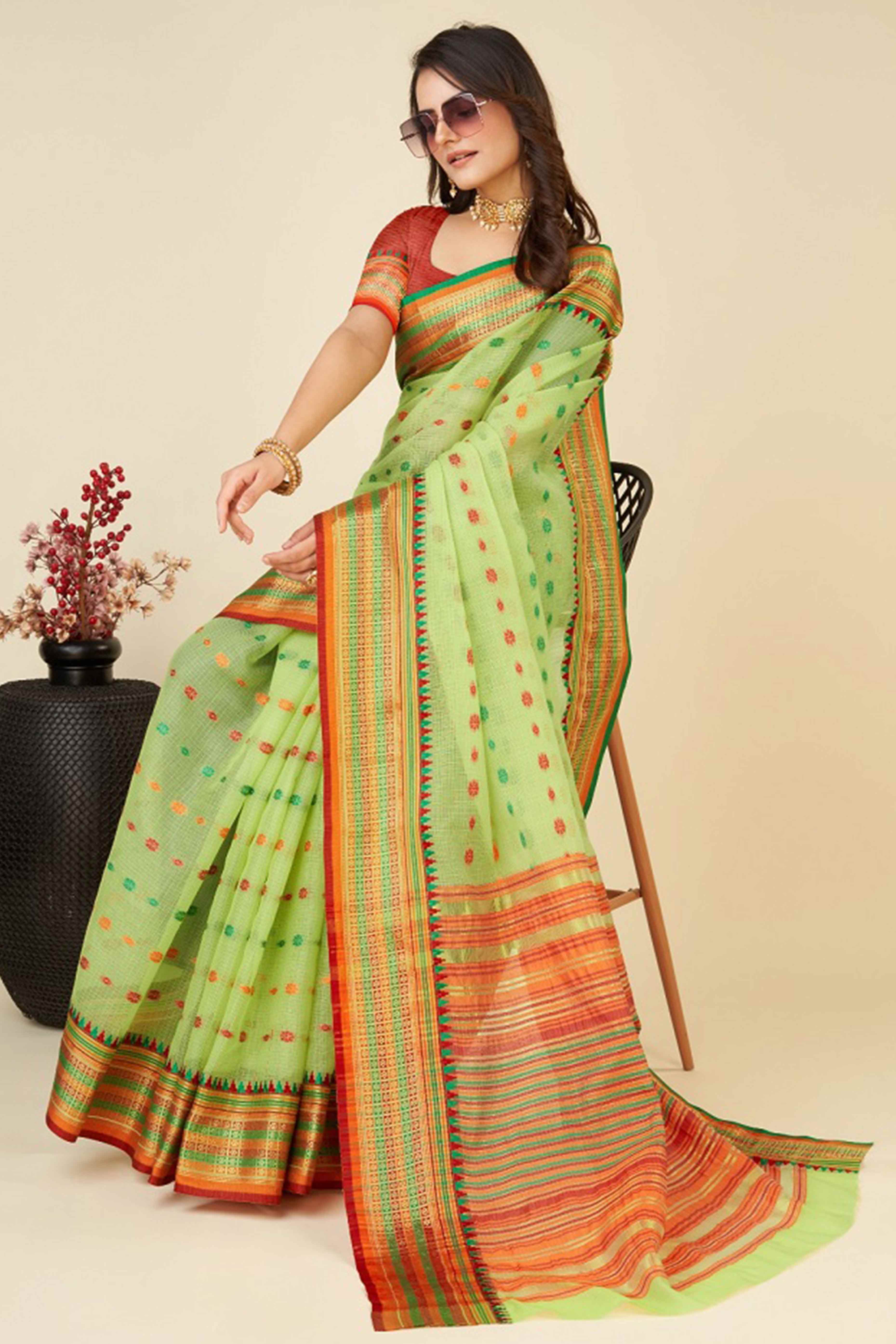 Light Green Zari Weaving Cotton Silk Saree
