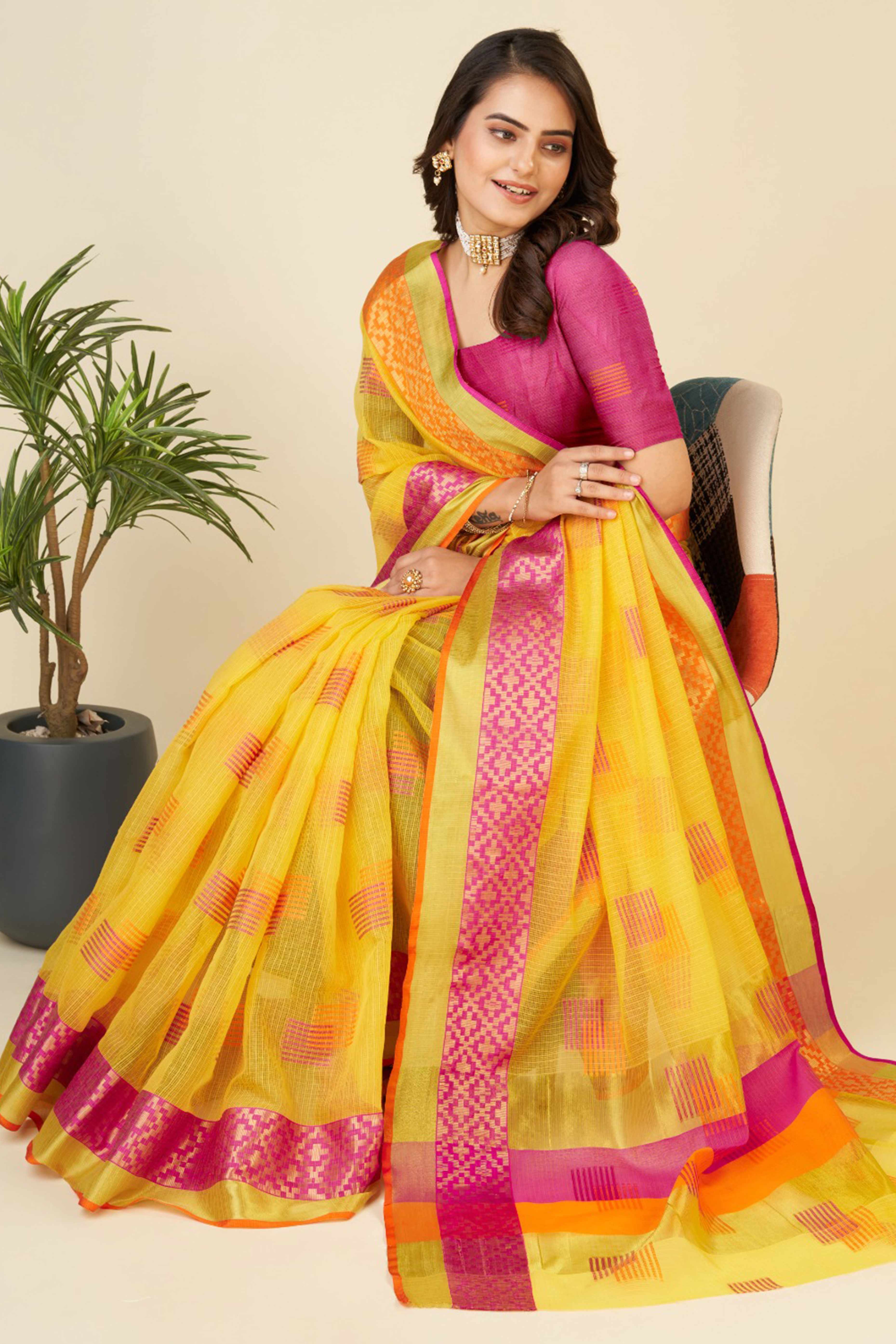 Yellow Zari Weaving Cotton Blend Saree