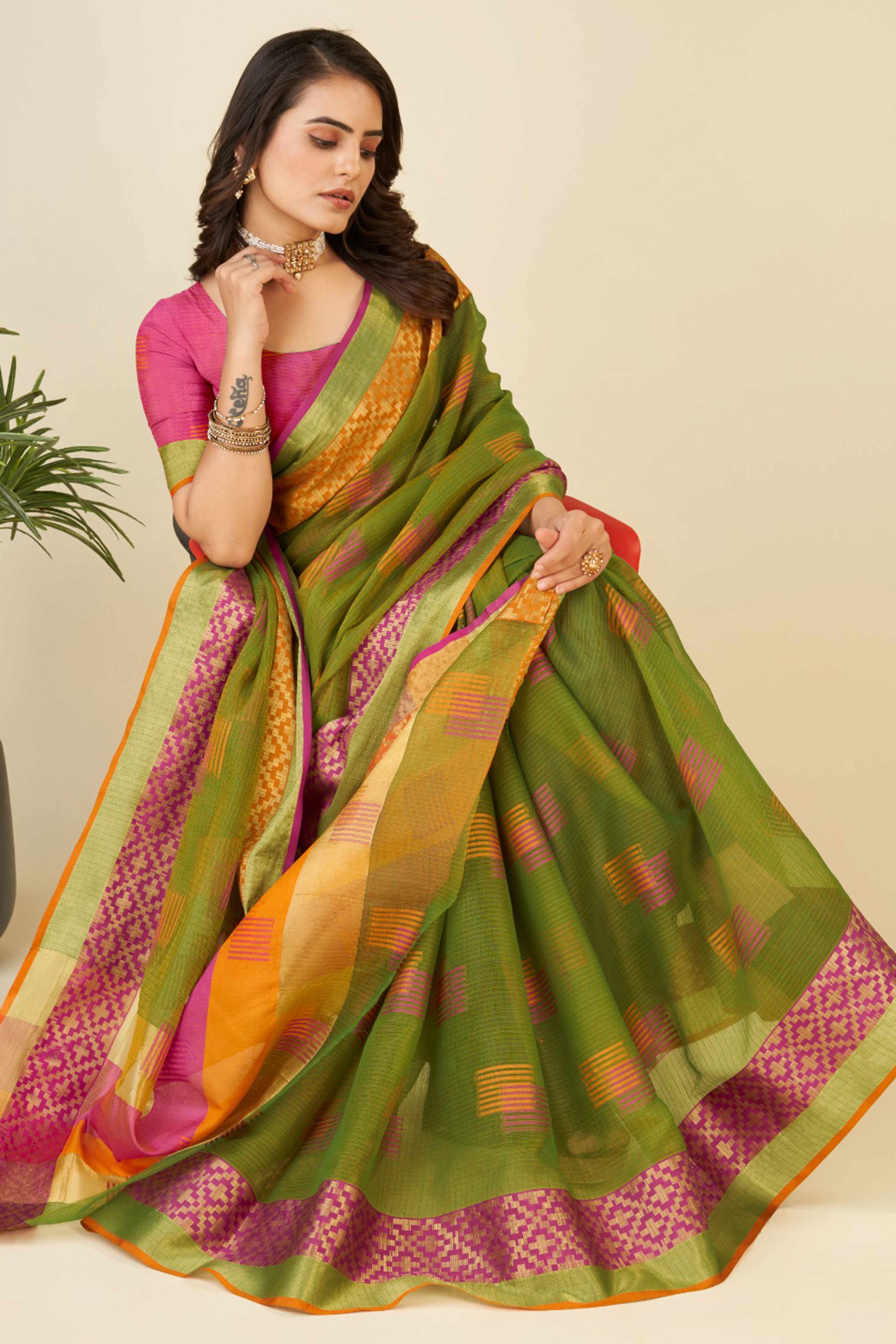 Green Zari Weaving Cotton Blend Saree