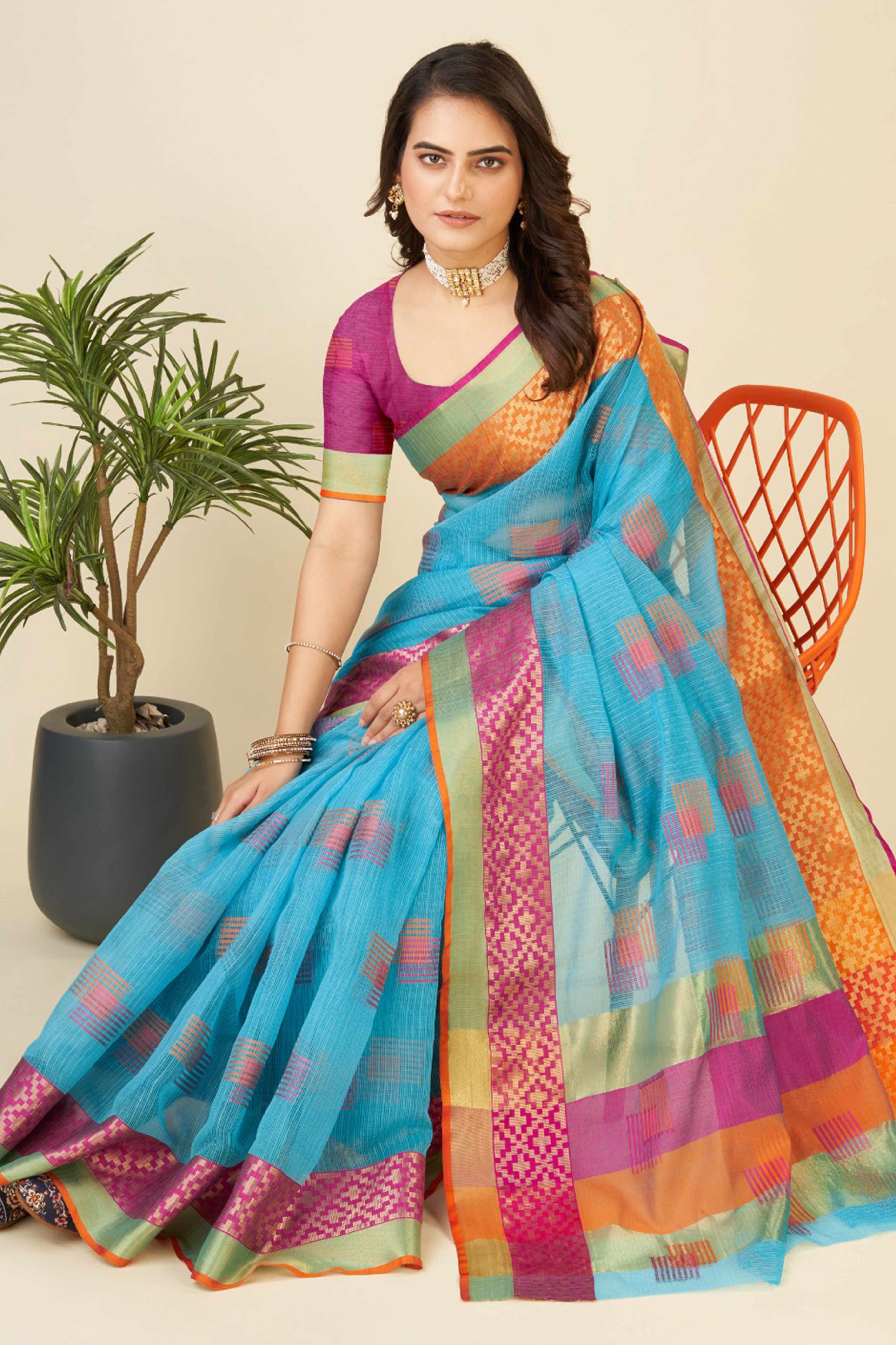 Sky Blue Zari Weaving Cotton Blend Saree