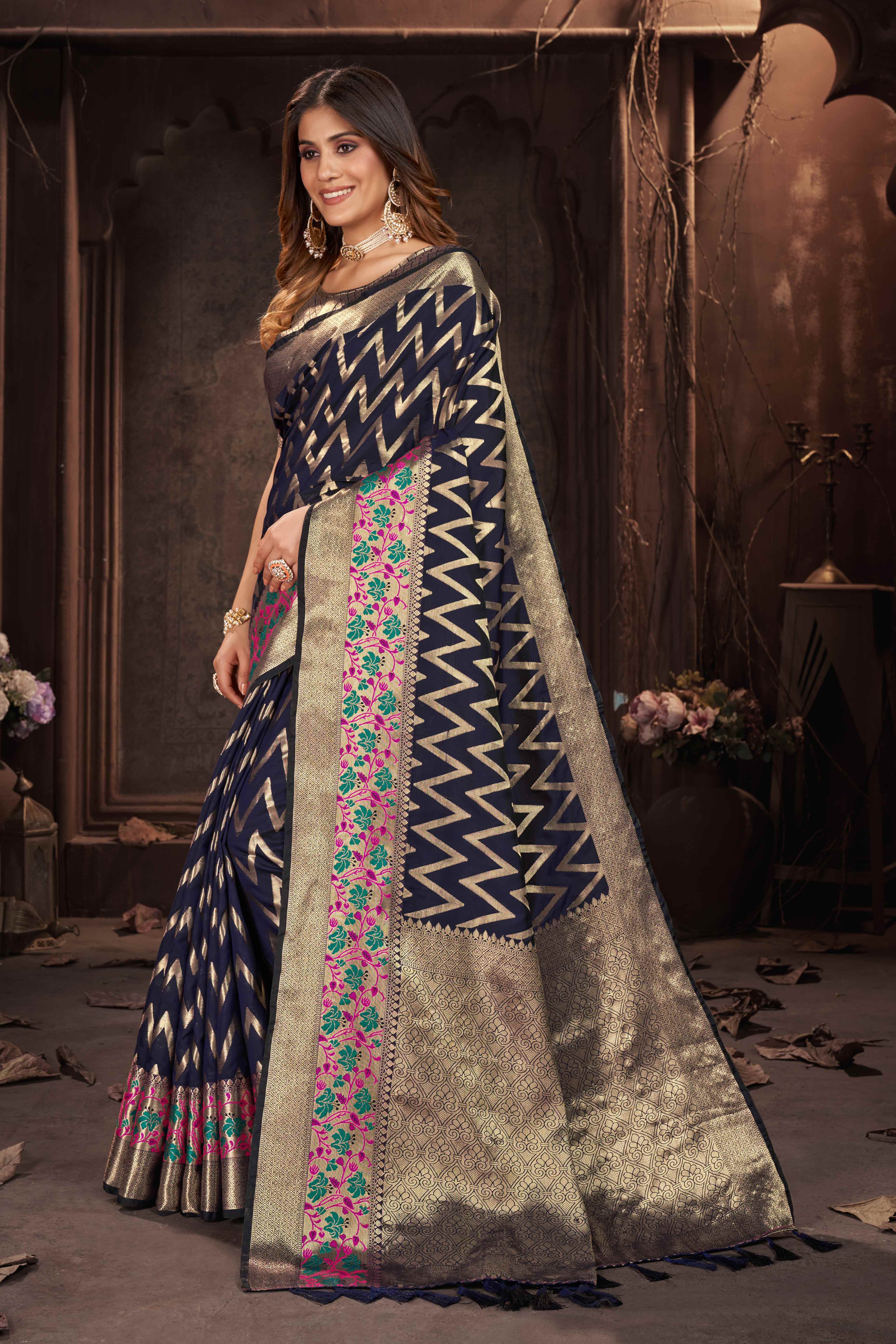 Navy Blue Zari Weaving Banarasi Silk Saree