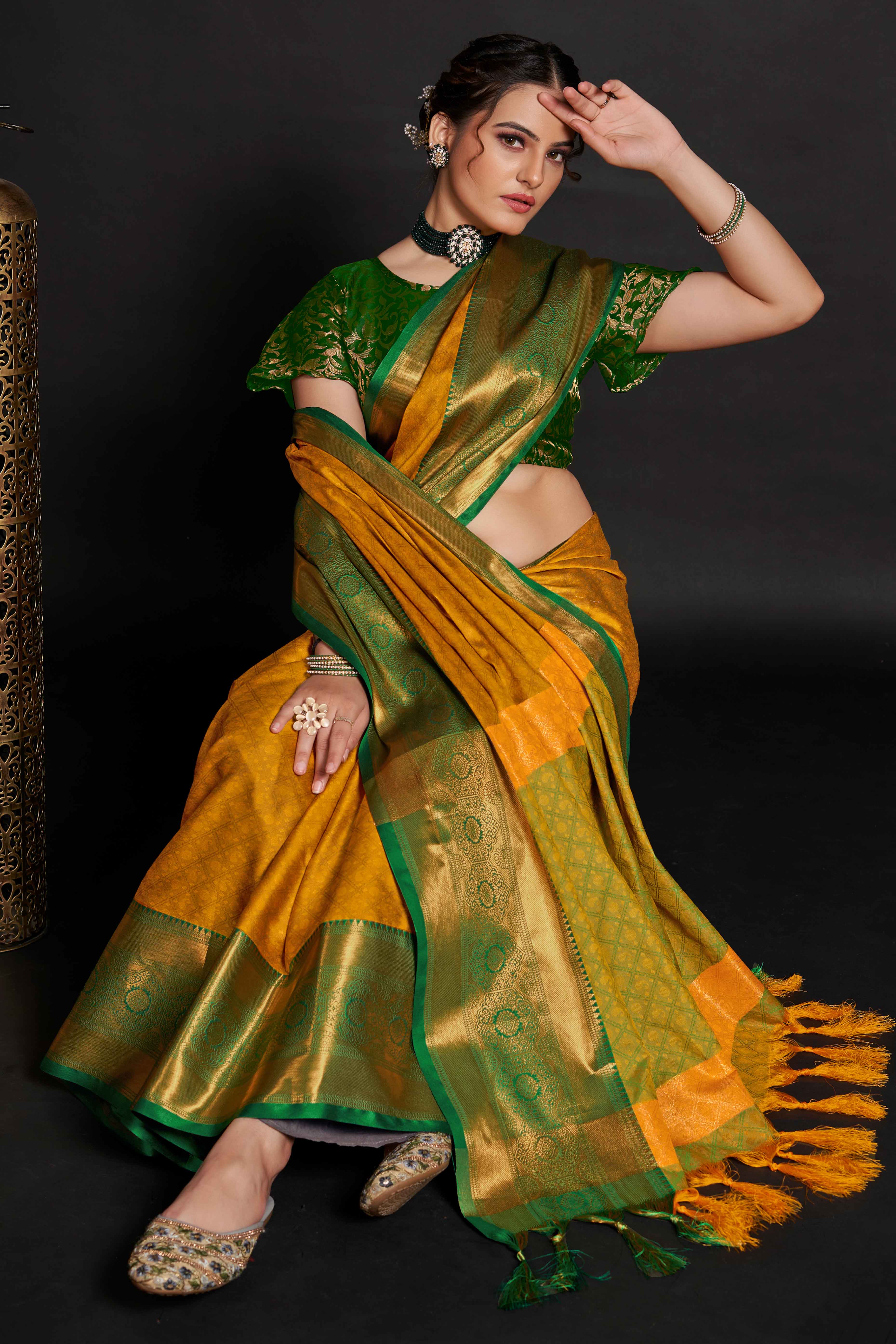 Mustard Silk Blend Saree With Exquisite Zari Weaving & Graceful Tassels