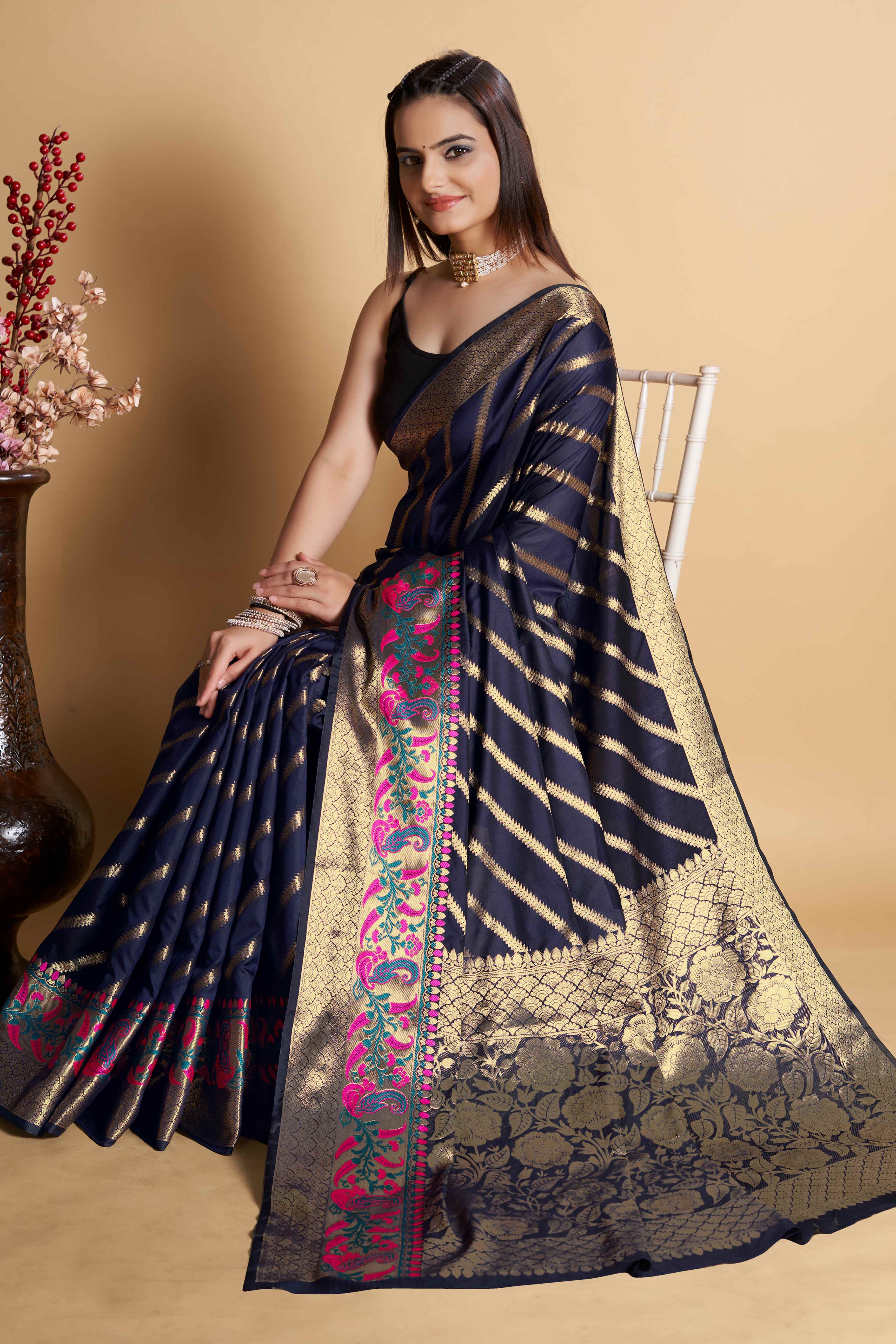 Navy Blue Zari Weaving Banarasi Silk Saree