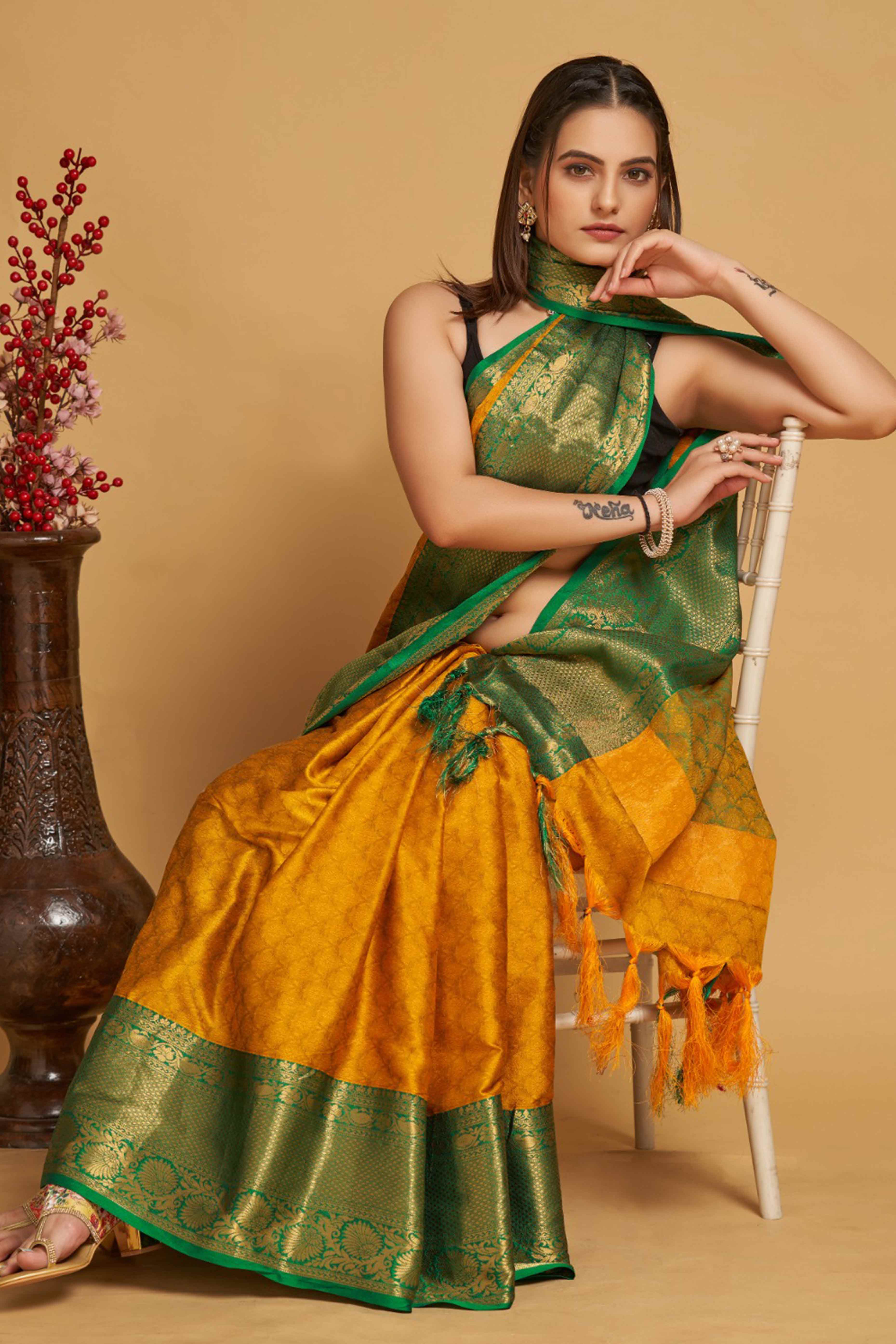 Yellow Zari Weaving Banarasi Silk Saree