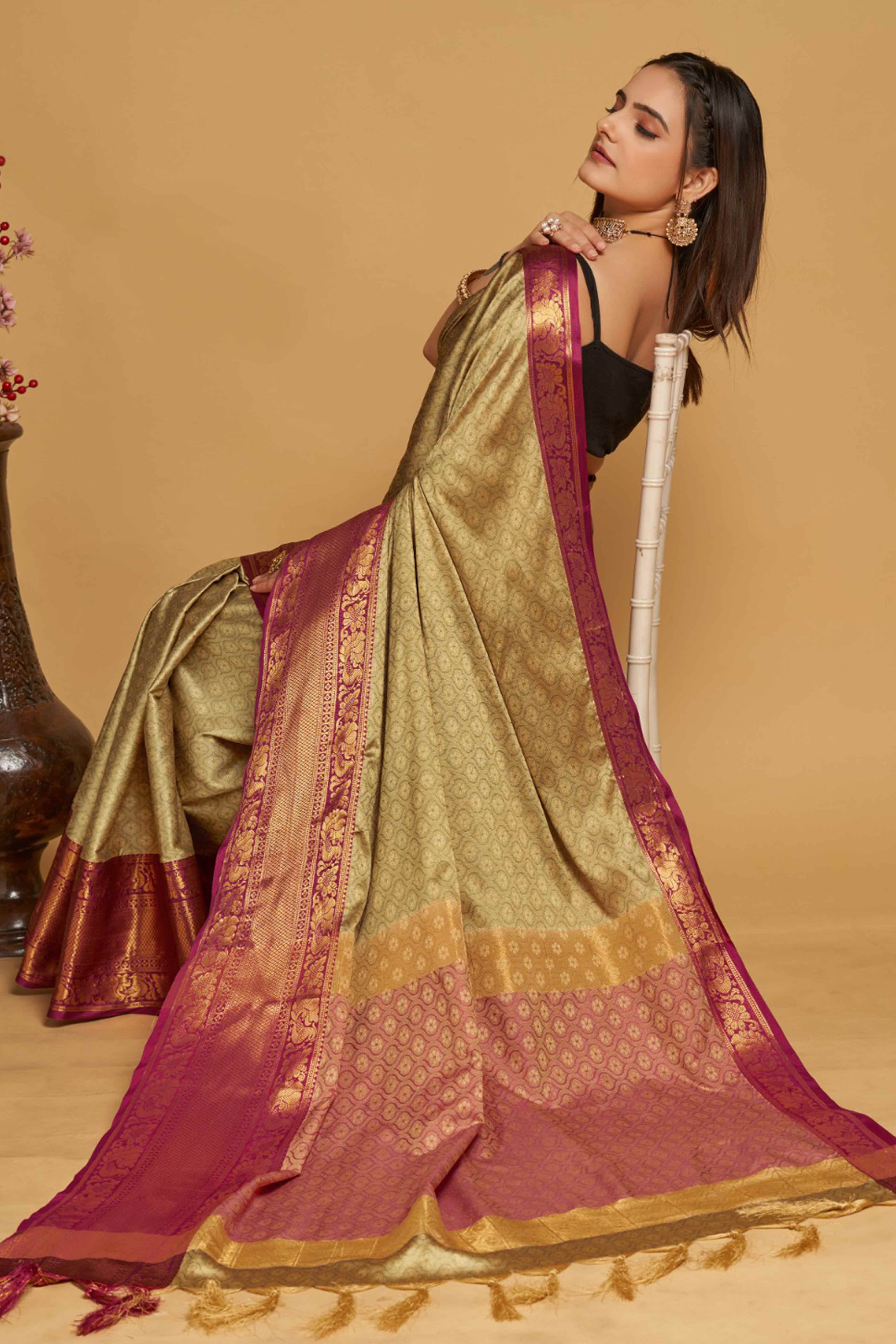 Light Brown Zari Weaving Banarasi Silk Saree