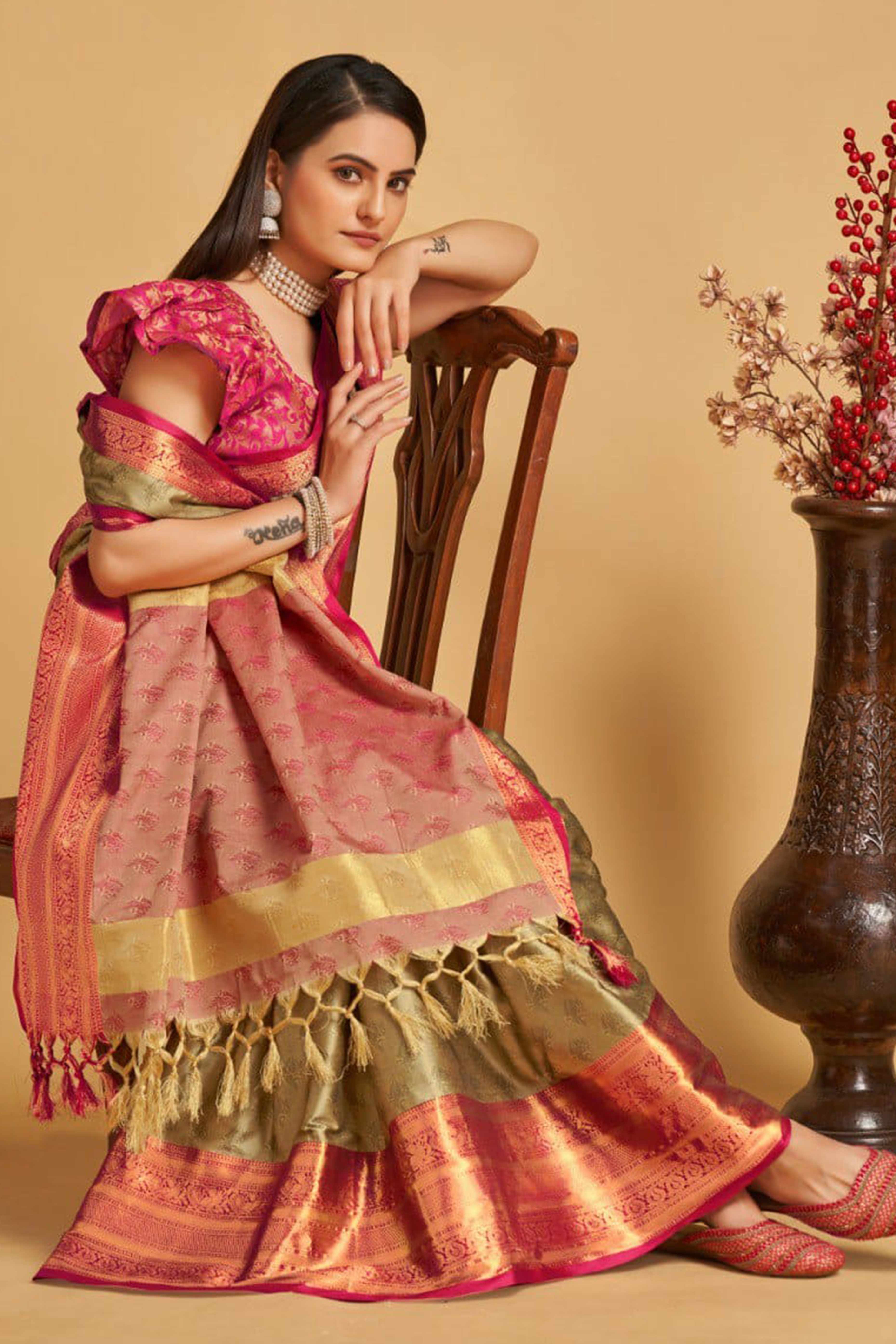 Beige Zari Weaving Banarasi Silk Saree