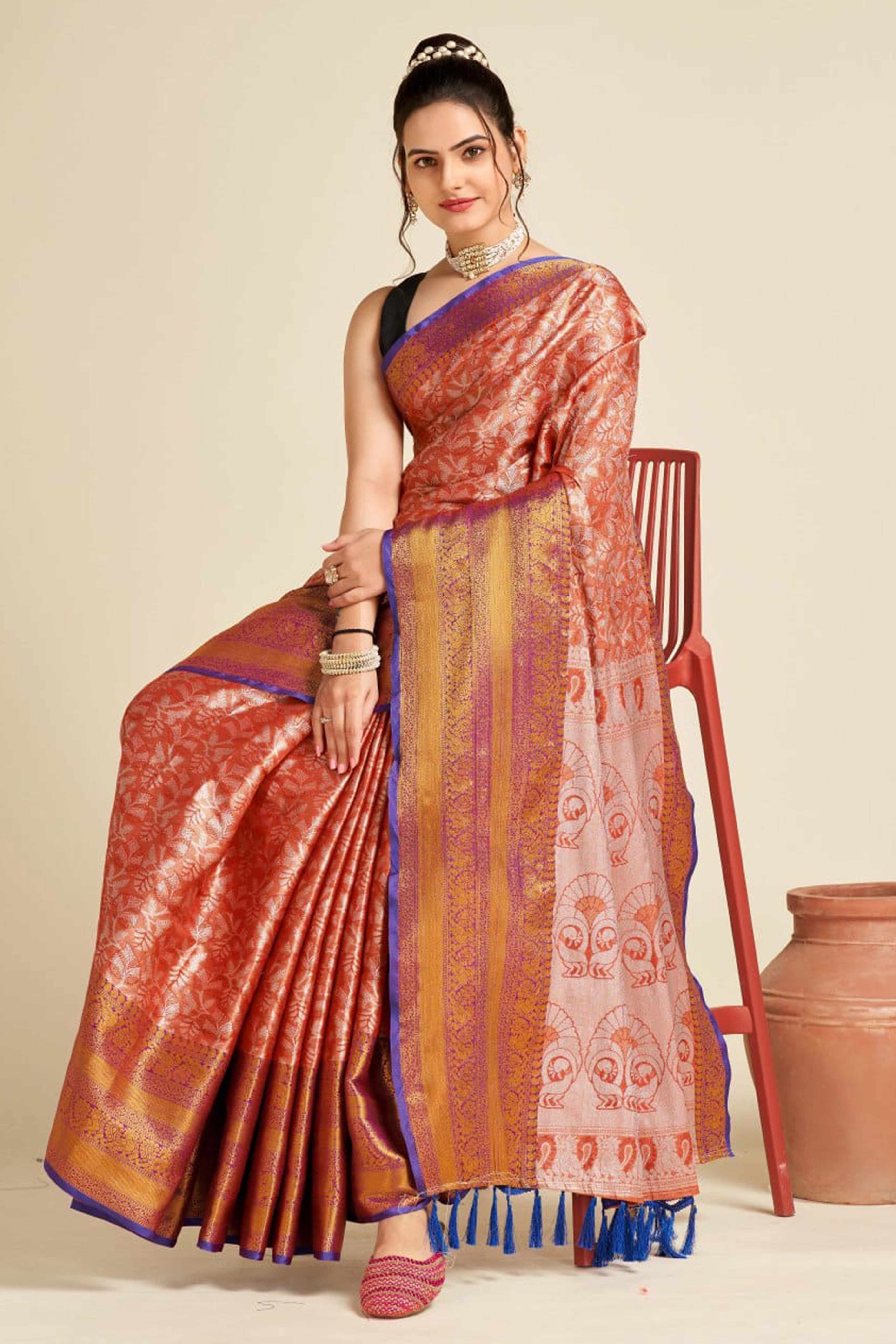 Orange Zari Weaving Banarasi Silk Saree