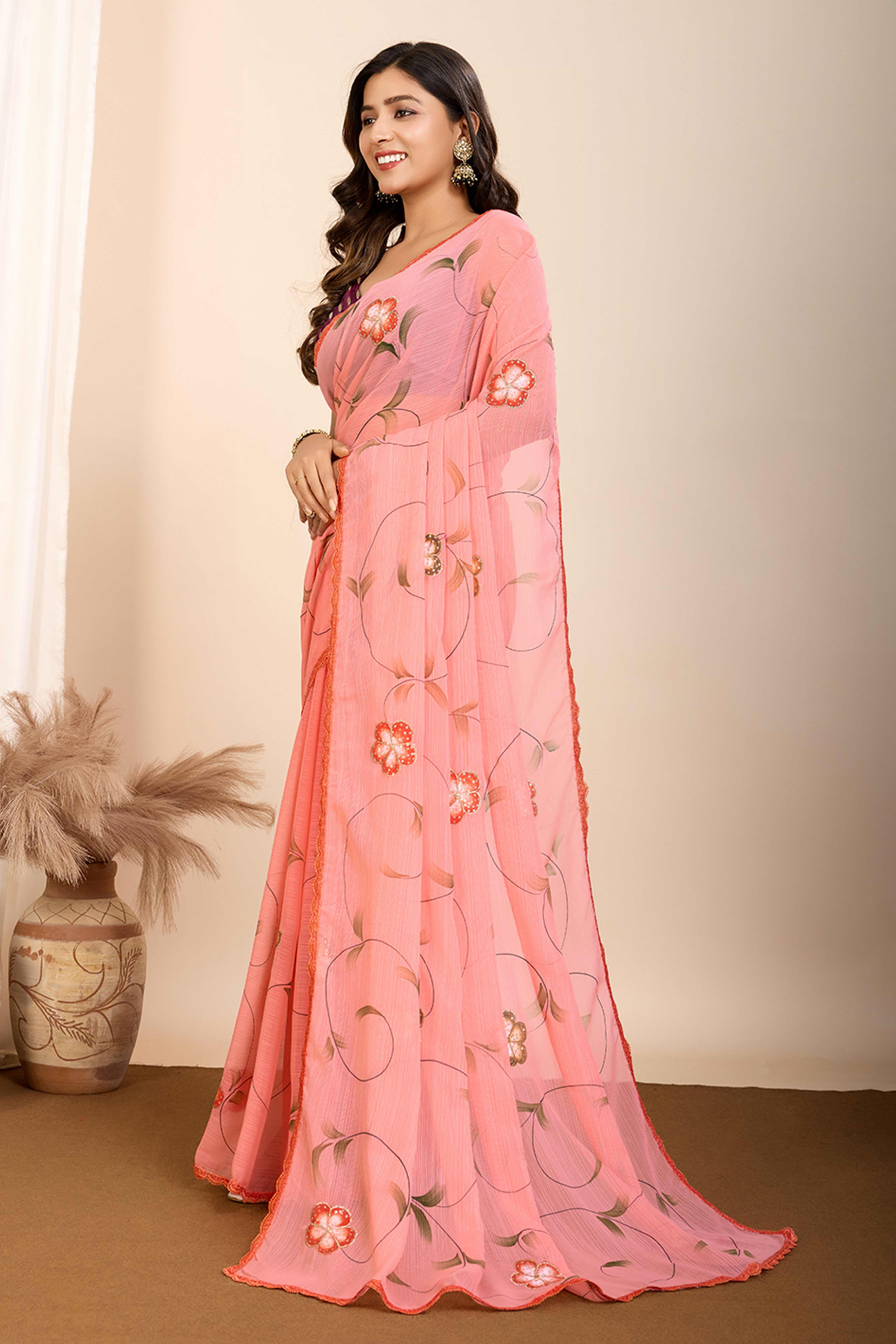 Peach Floral Printed Georgette Saree