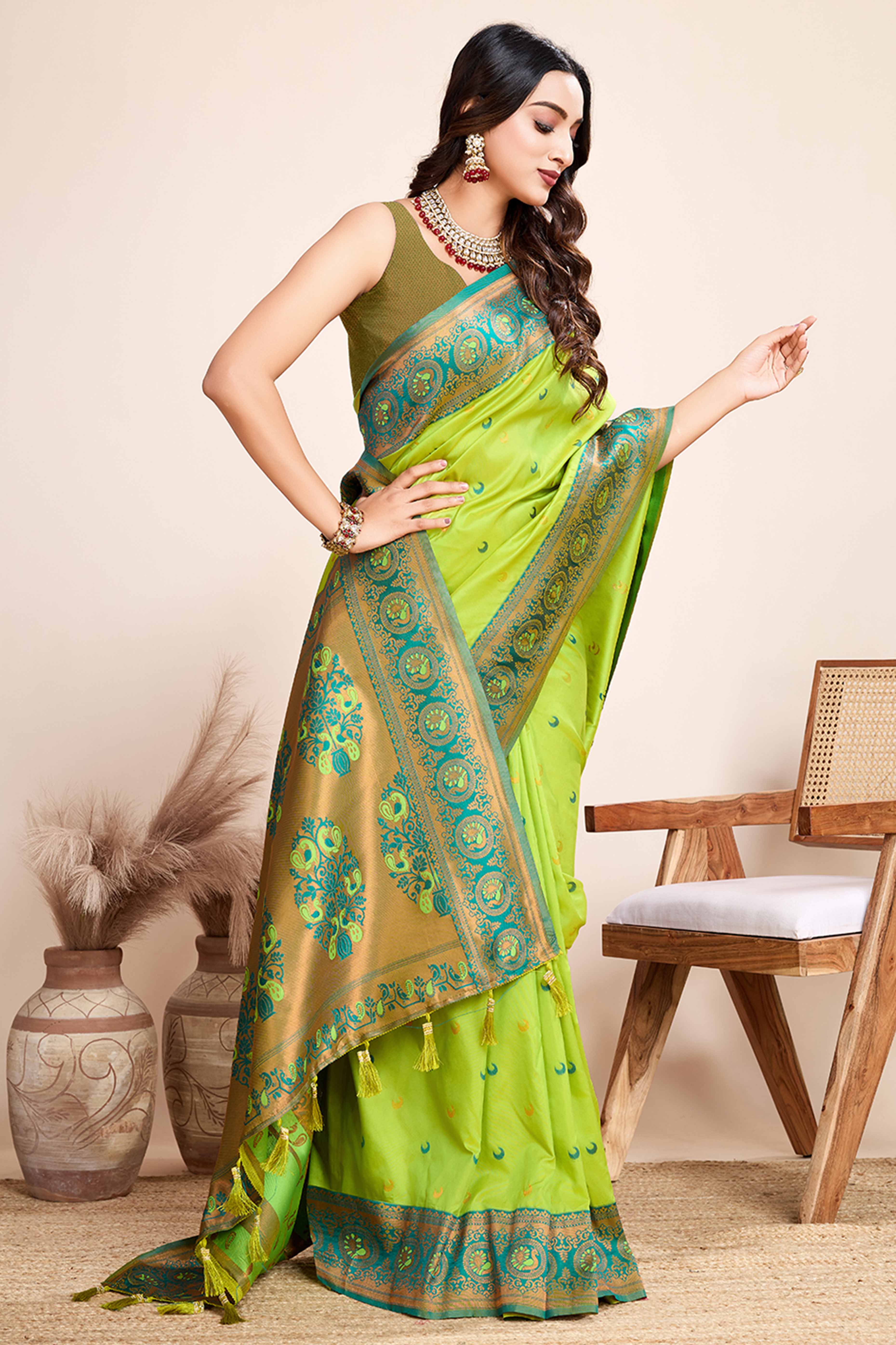 Parrot Green Zari Weaving Banarasi Silk Saree