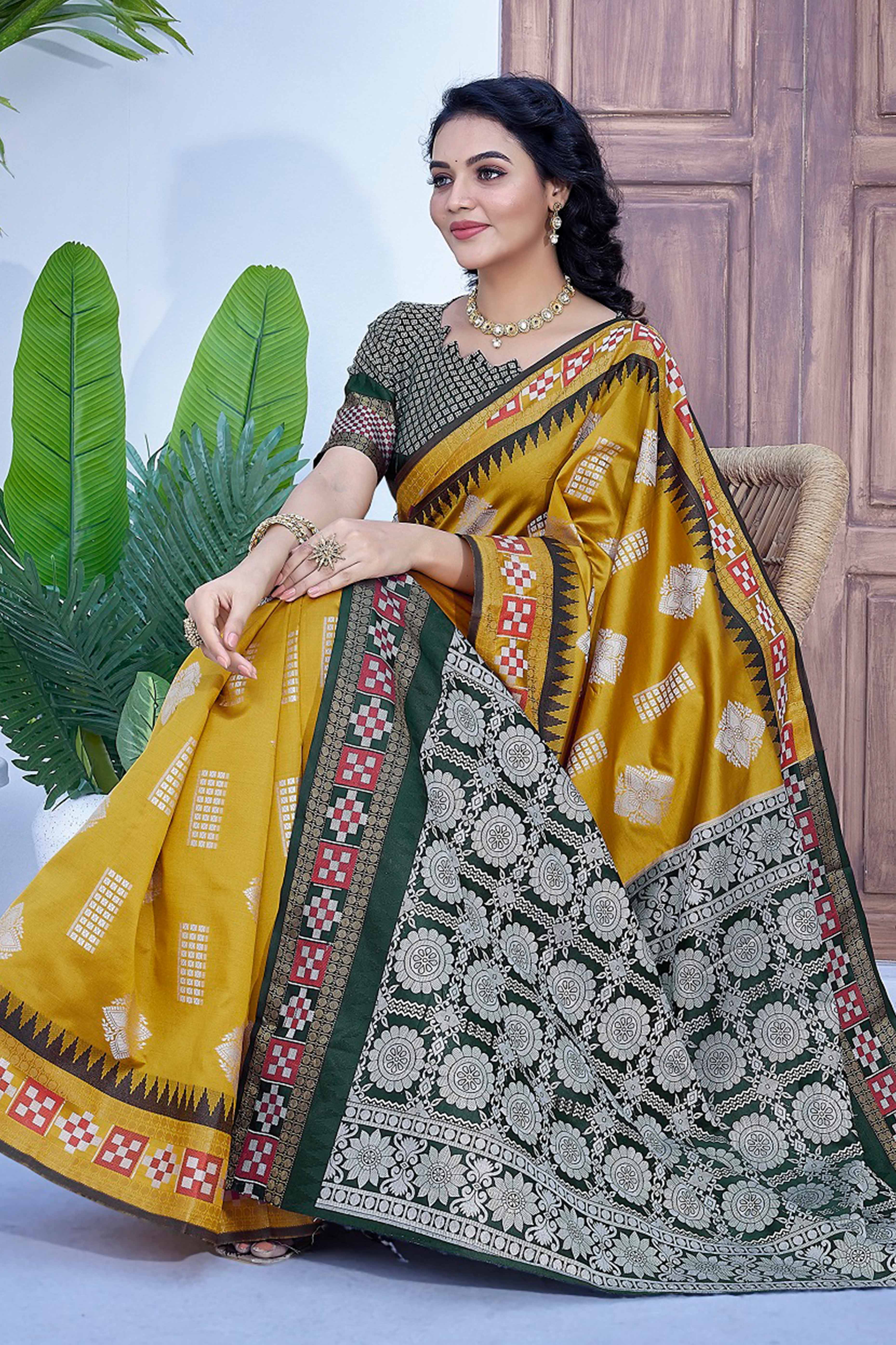 Mustard Zari Weaving Cotton Silk Saree