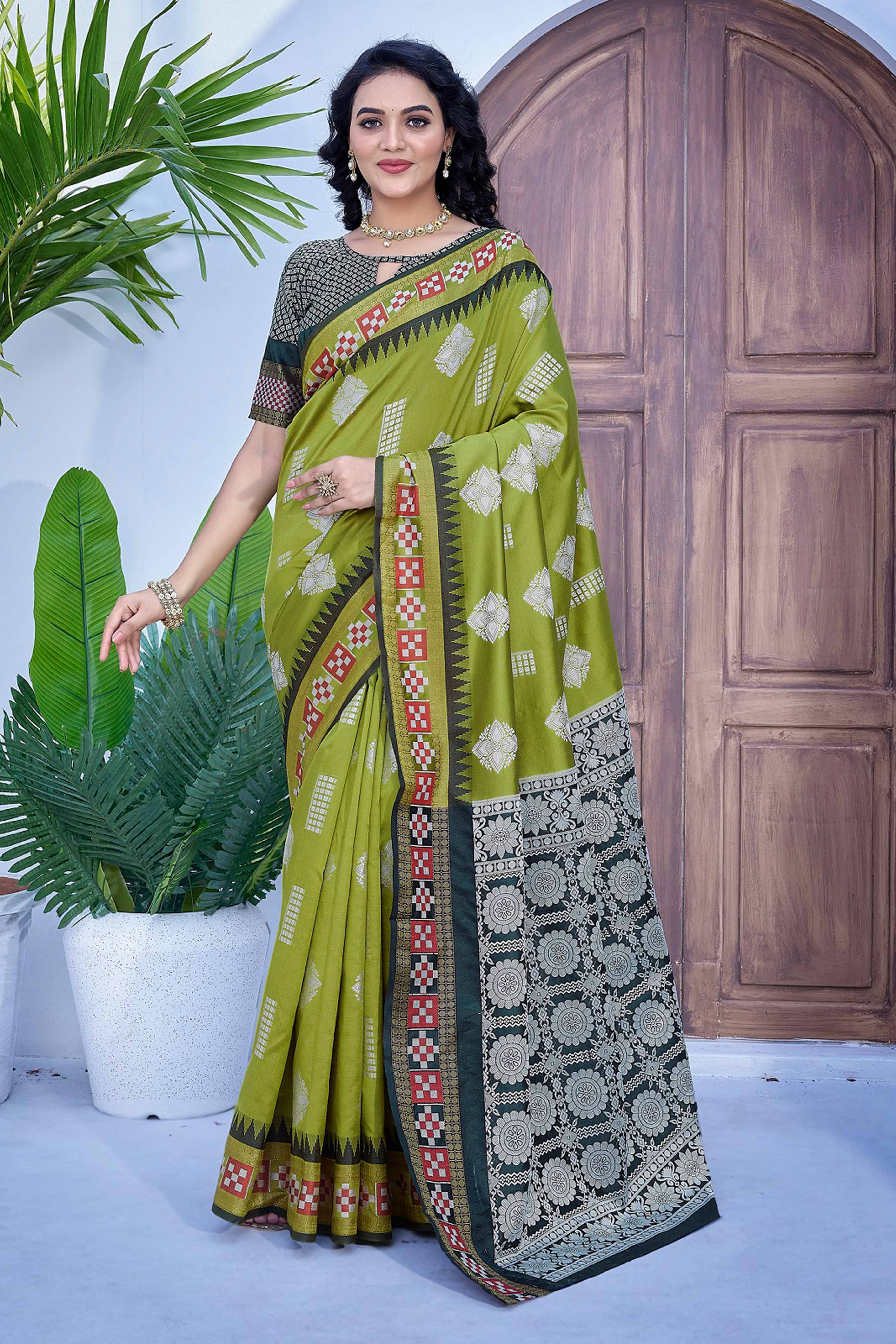 Parrot Green Zari Weaving Cotton Silk Saree