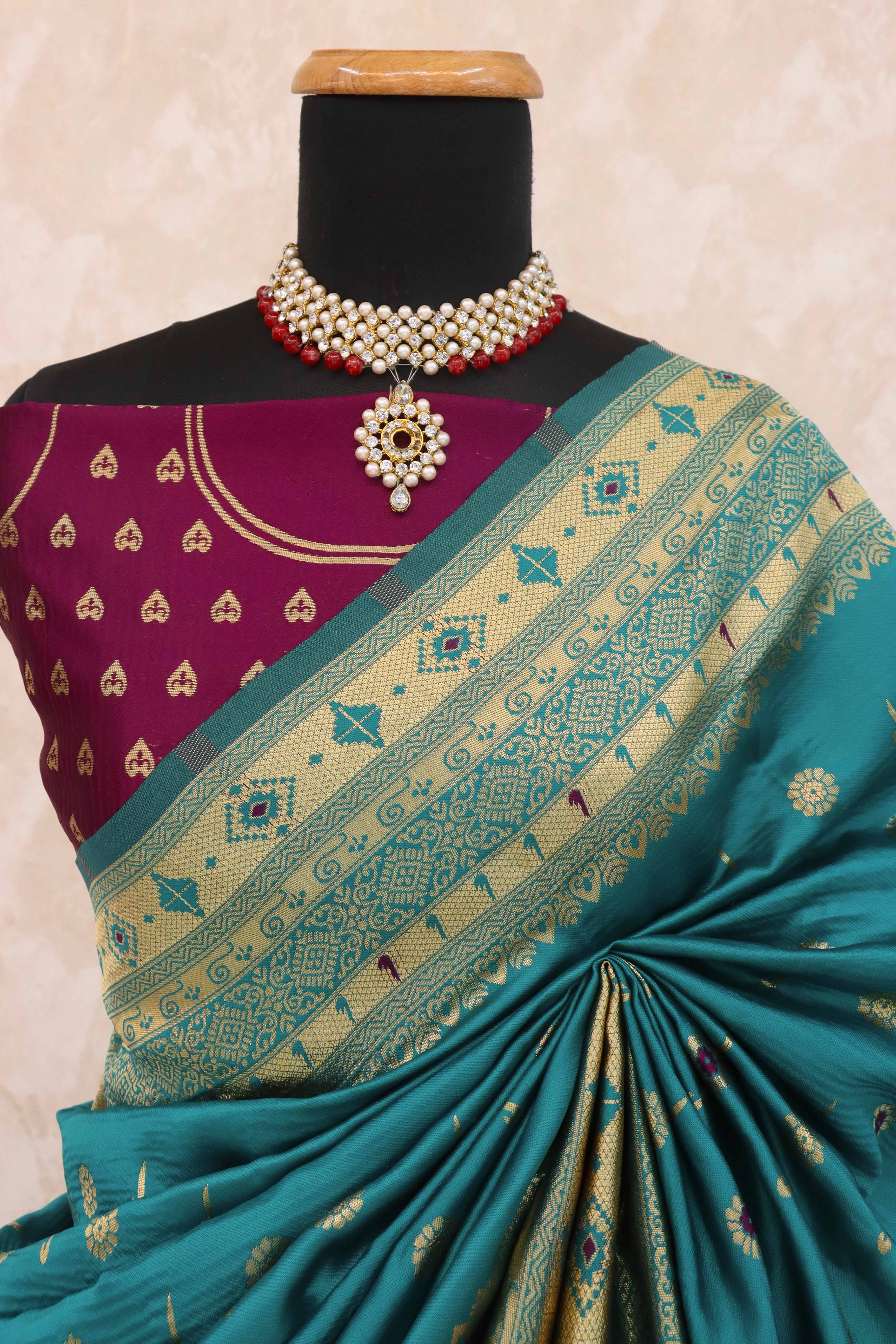 Rama Blue Pure Silk Paithani Saree With Intricate Floral Zari Weaving