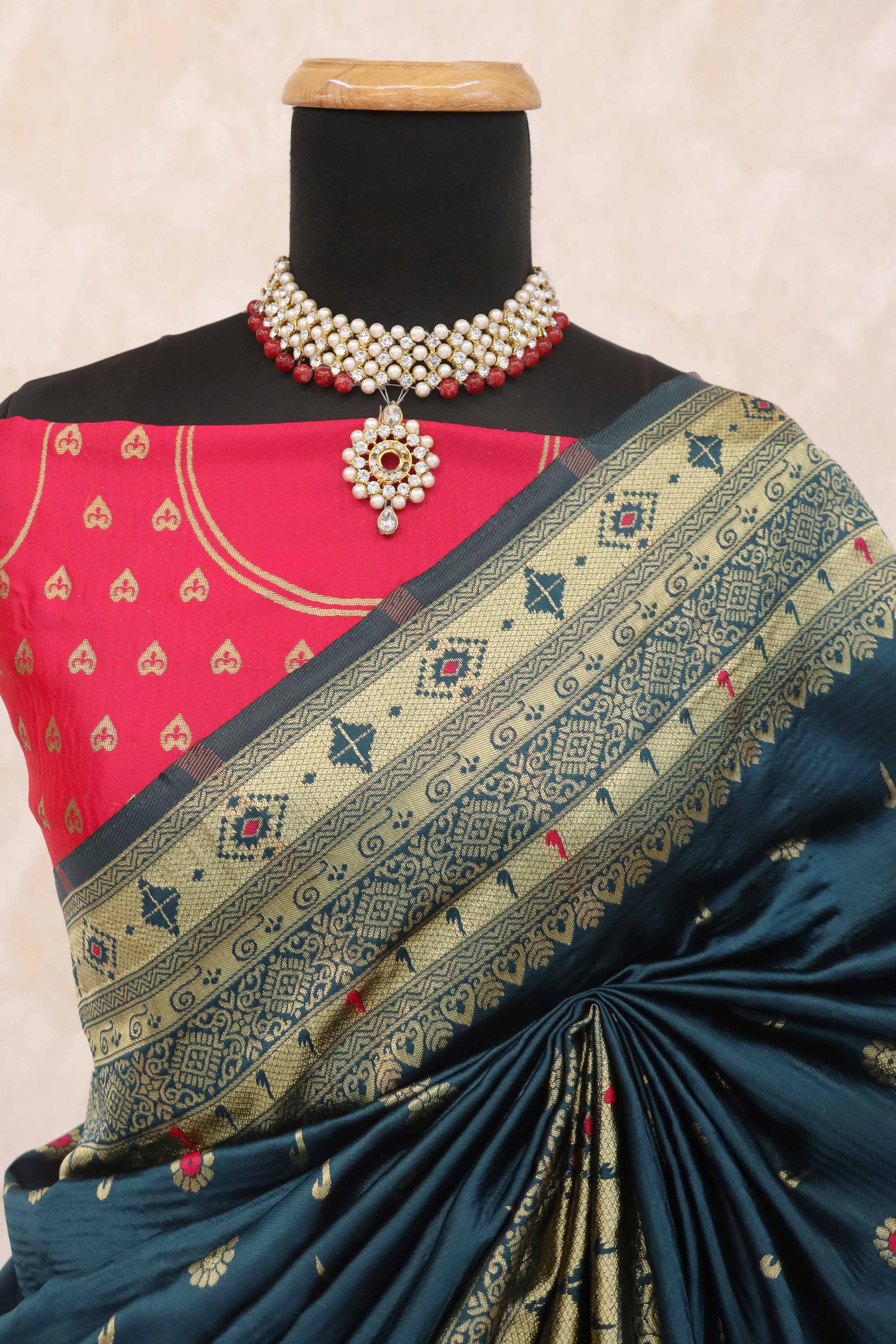 Dark Teal Blue Pure Silk Paithani Saree With Intricate Floral Zari Weaving