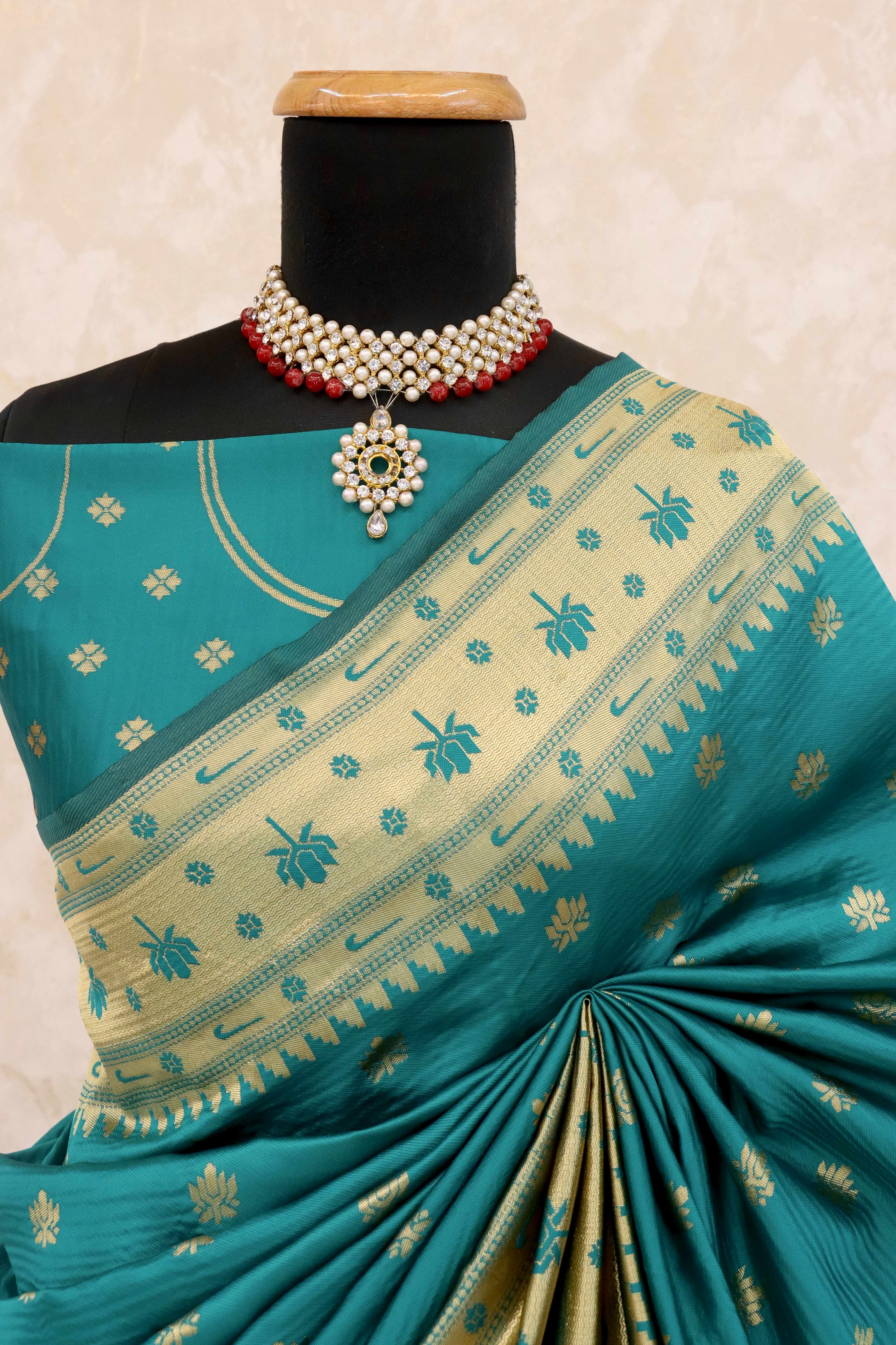 Rama Blue Pure Silk Paithani Saree With Elegant Floral Zari Weaving