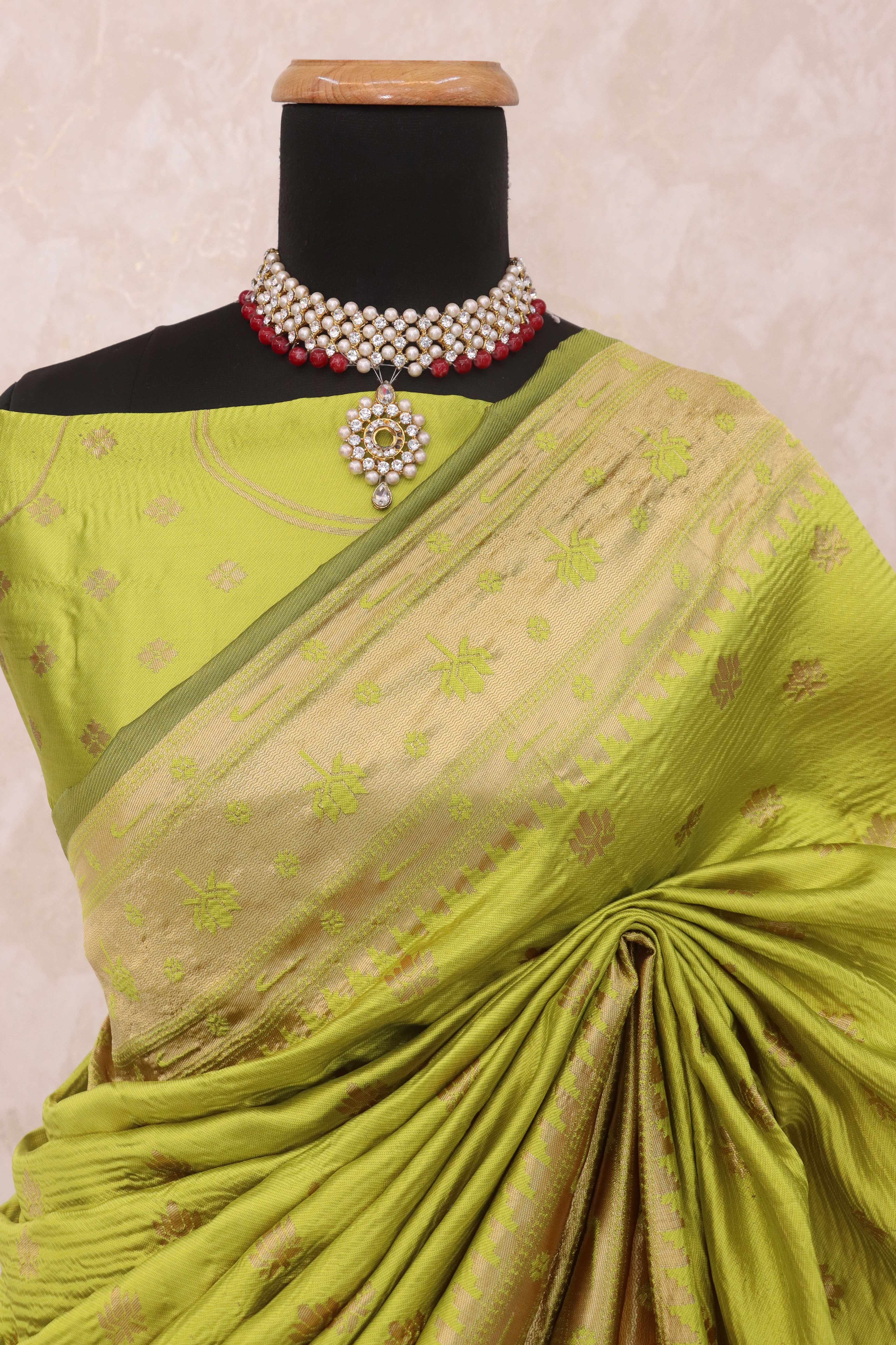 Lemon Green Pure Silk Paithani Saree With Elegant Floral Zari Weaving