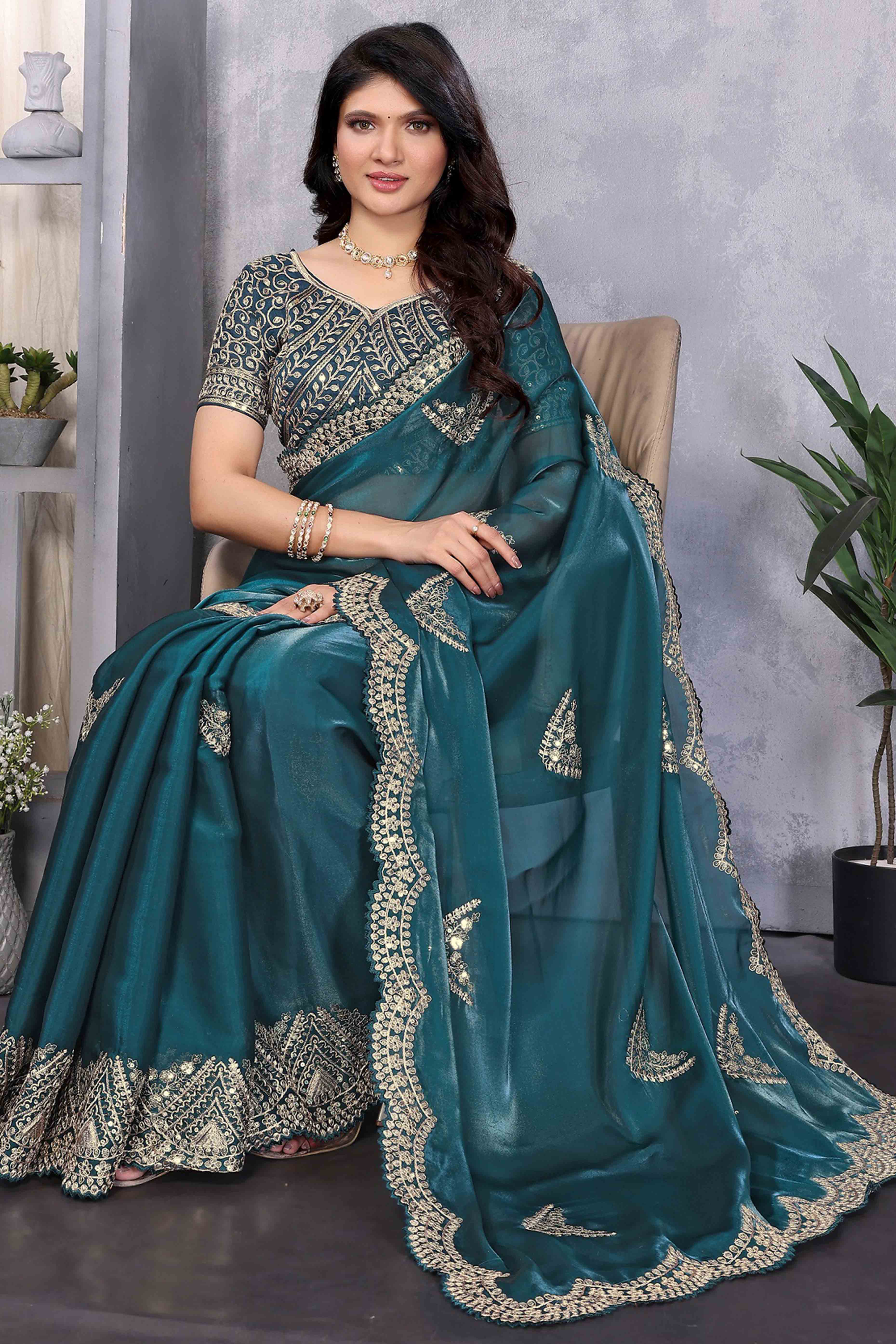 Teal Floral Sequins Embroidered Shimmer Chiffon Saree
