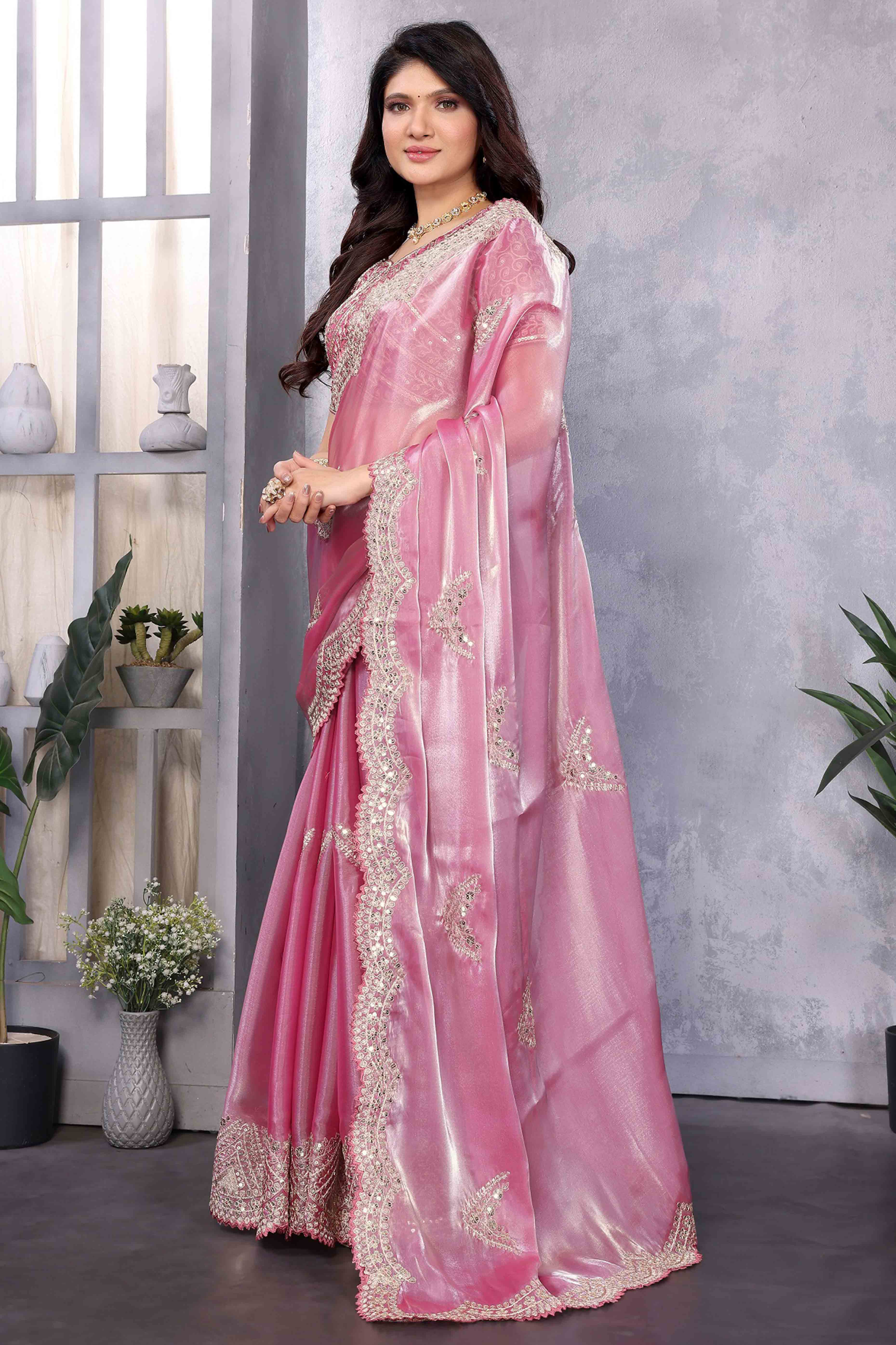 Baby Pink Floral Sequins Embroidered Shimmer Chiffon Saree