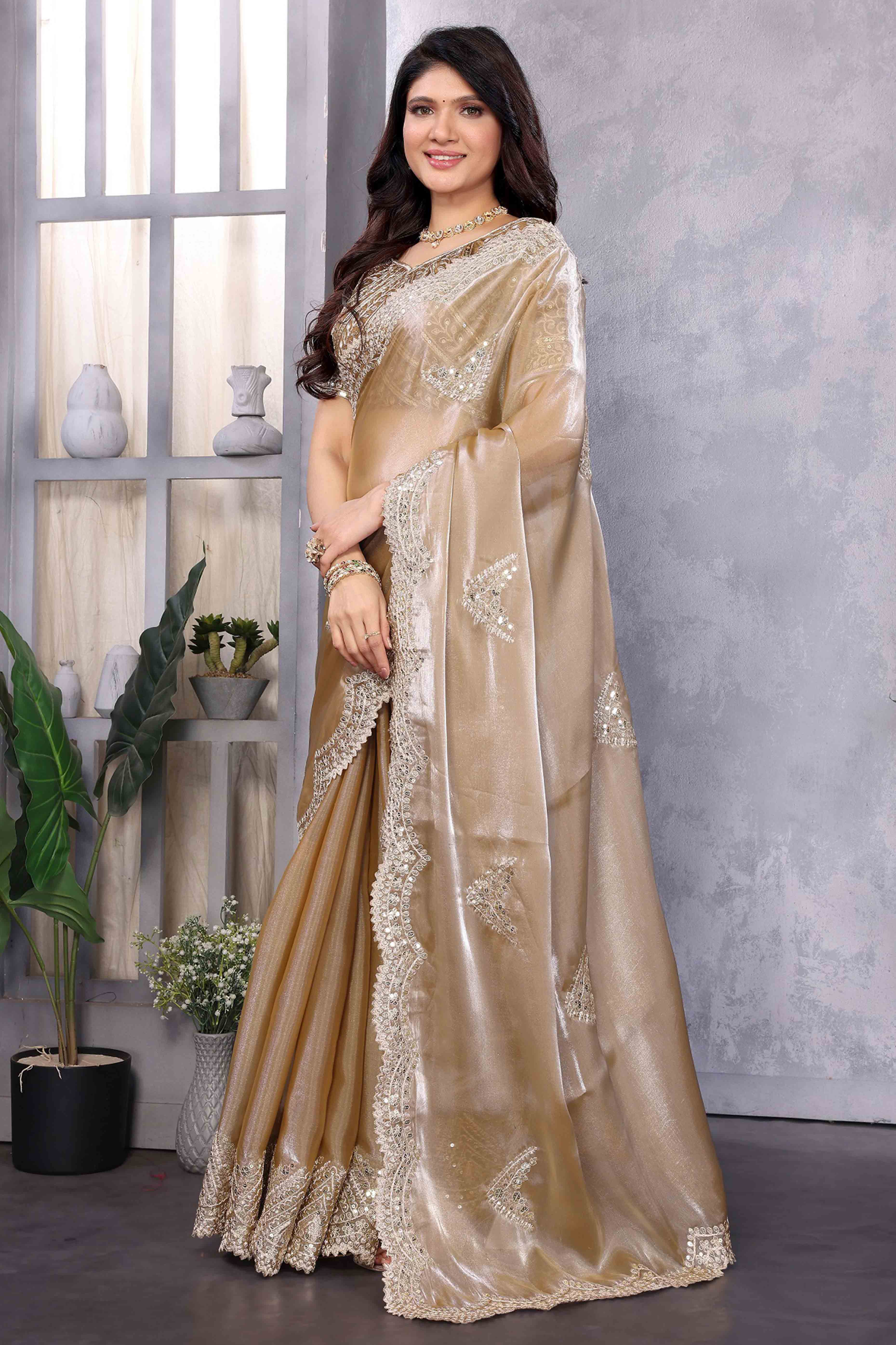 Chikoo Floral Sequins Embroidered Shimmer Chiffon Saree