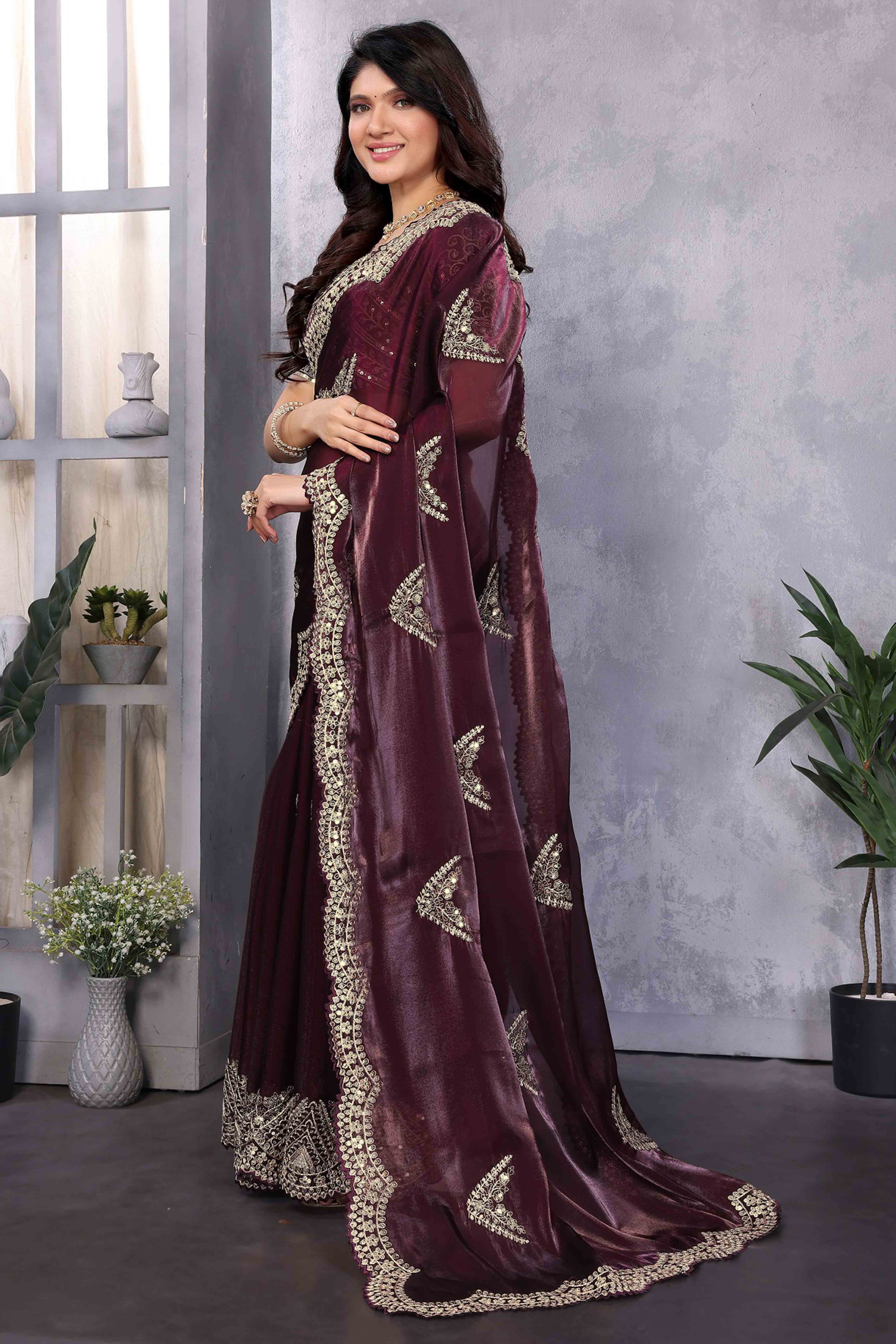 Dark Wine Floral Sequins Embroidered Shimmer Chiffon Saree