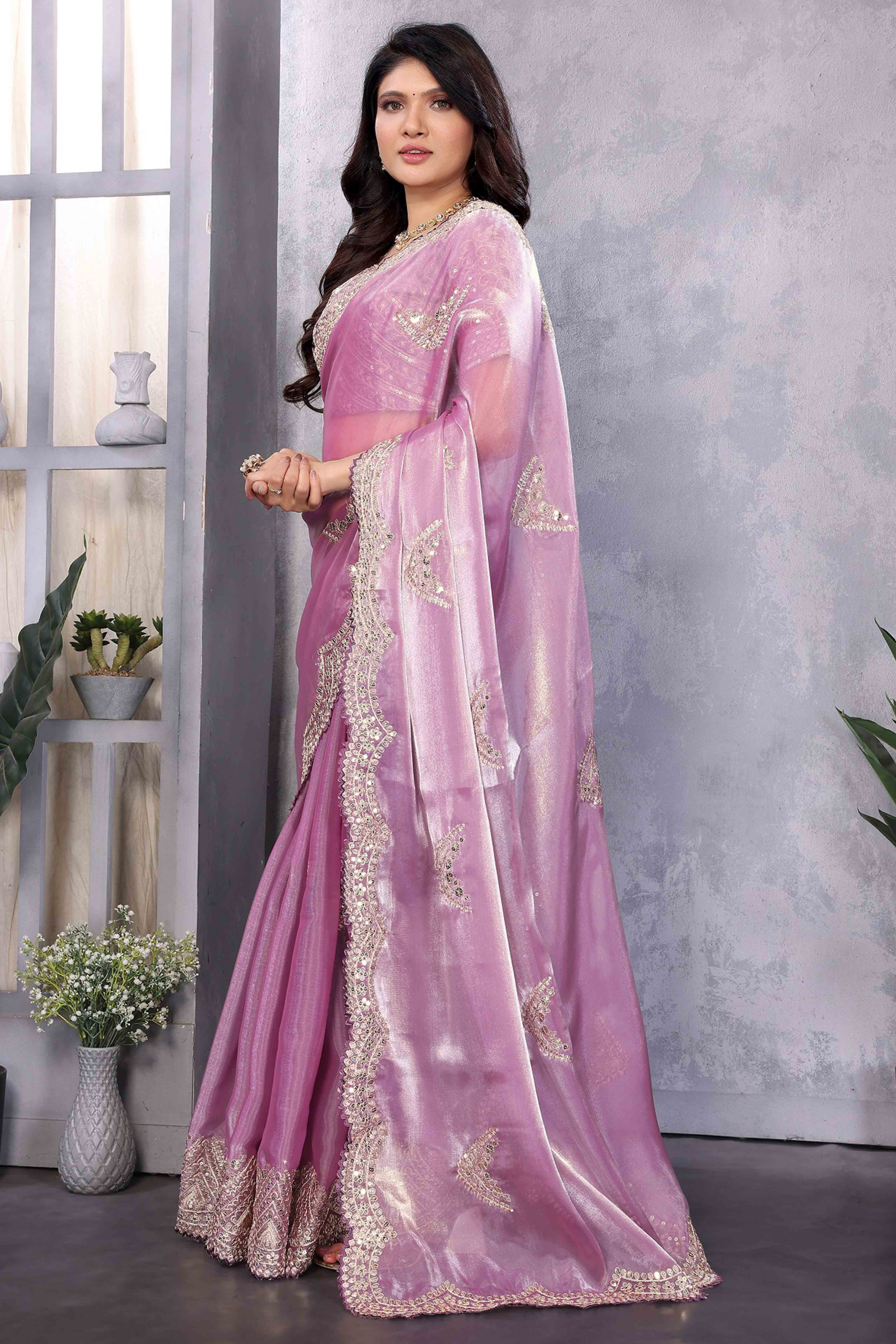 Light Purple Floral Sequins Embroidered Shimmer Chiffon Saree
