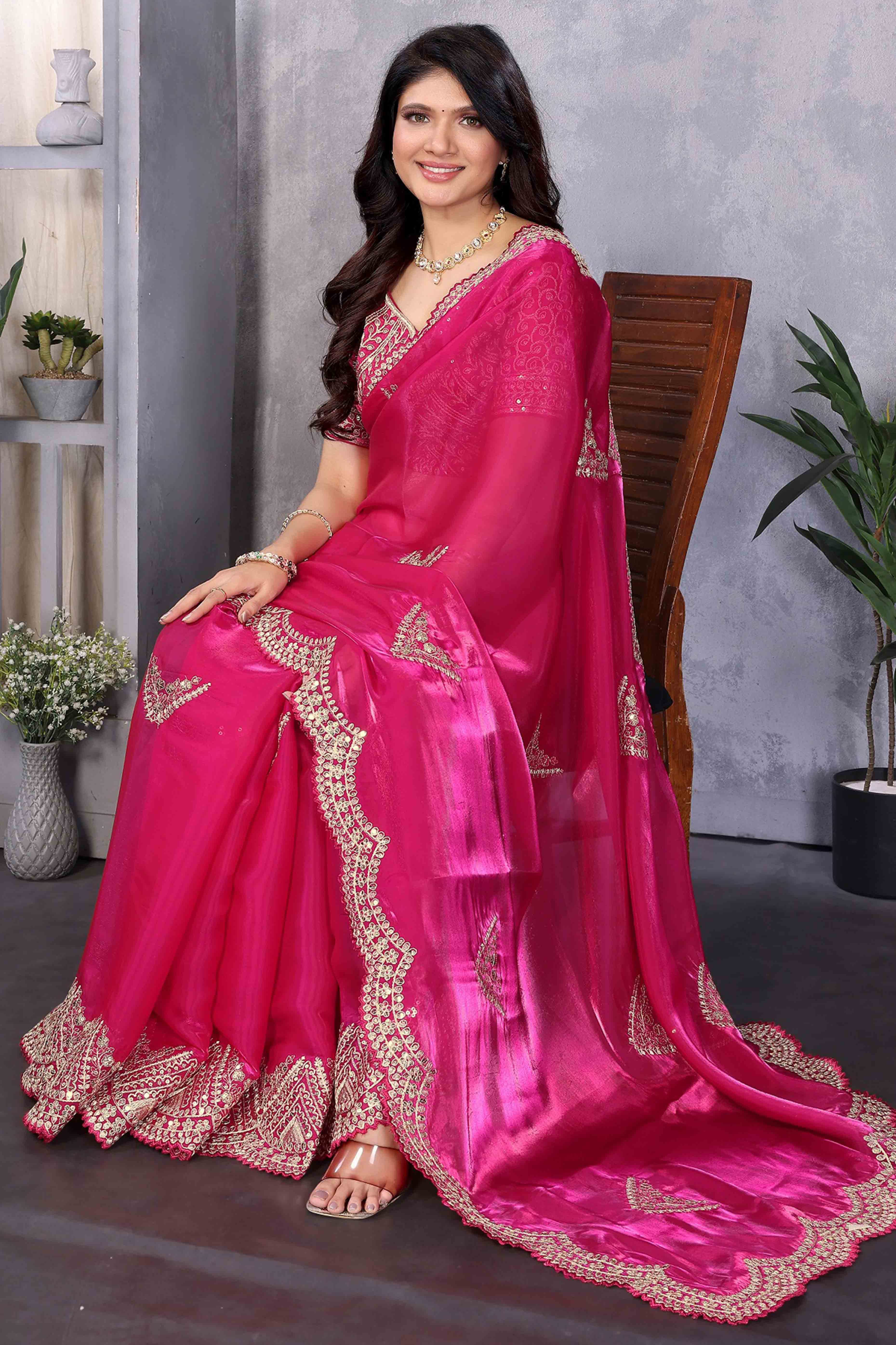 Rani Pink Floral Sequins Embroidered Shimmer Chiffon Saree