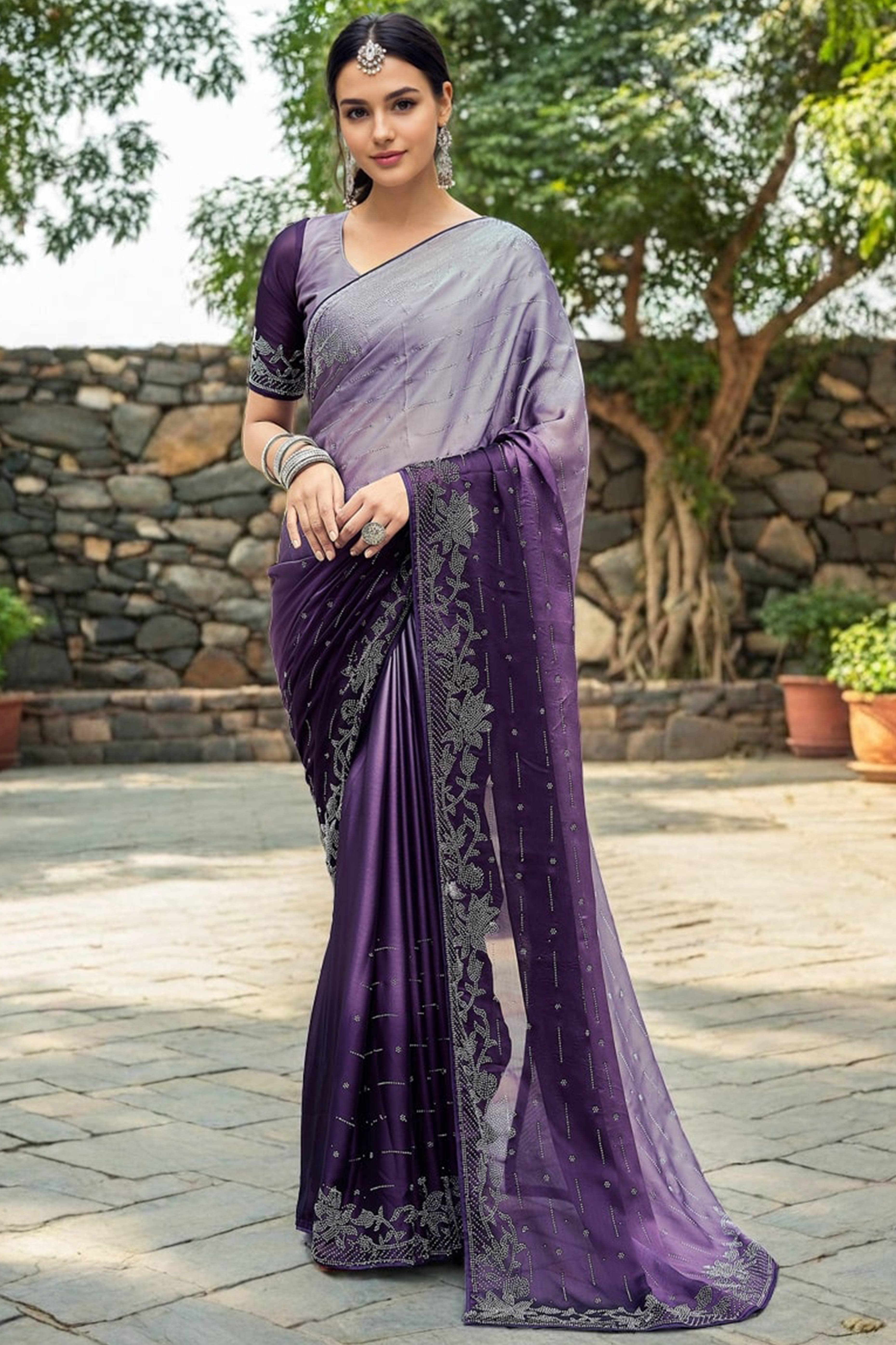 Purple Rangoli Dola Silk Saree Adorned With Gleaming Swarovski Work & Classic Floral Border