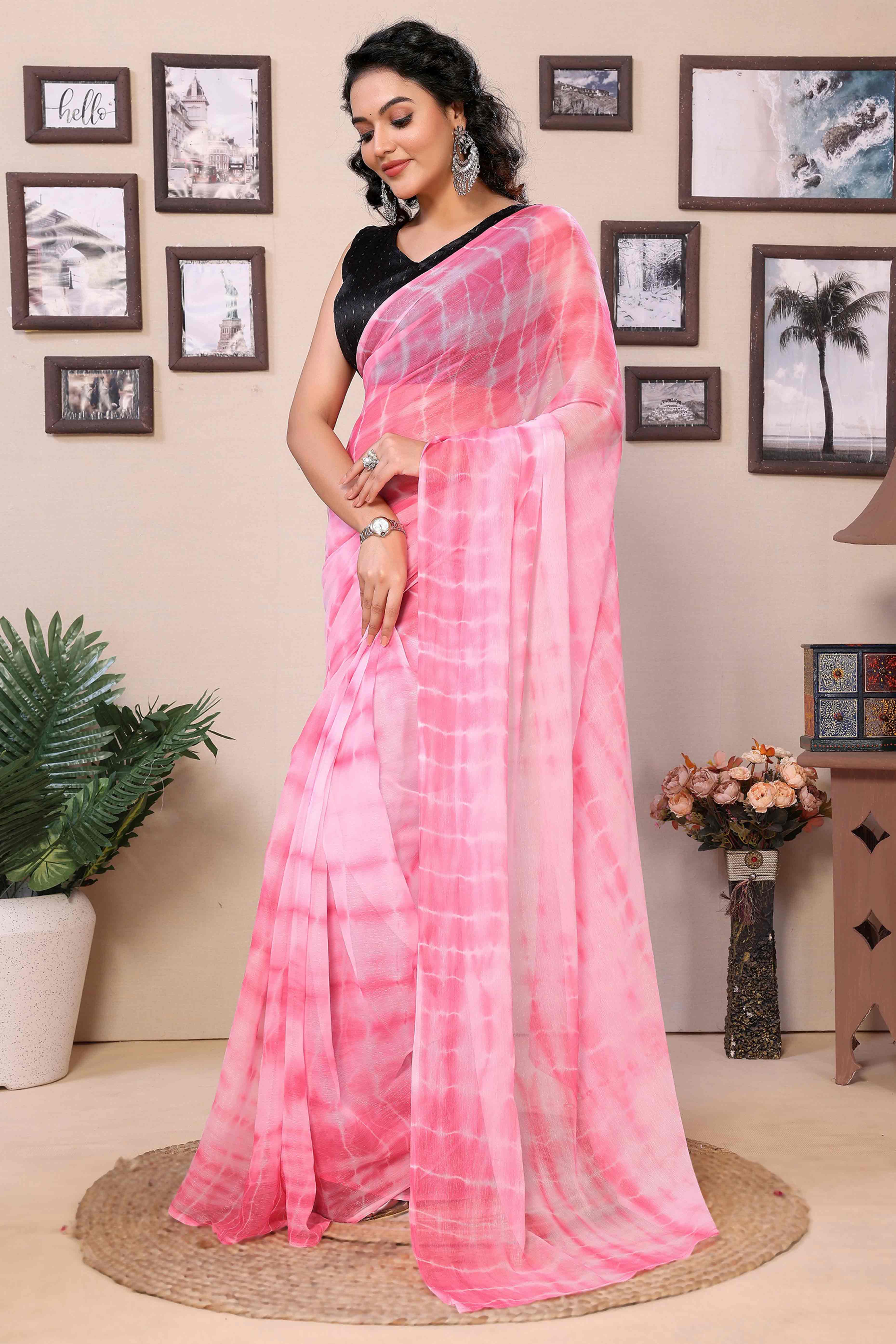 Pink Shibori Printed Georgette Ready To Wear Saree