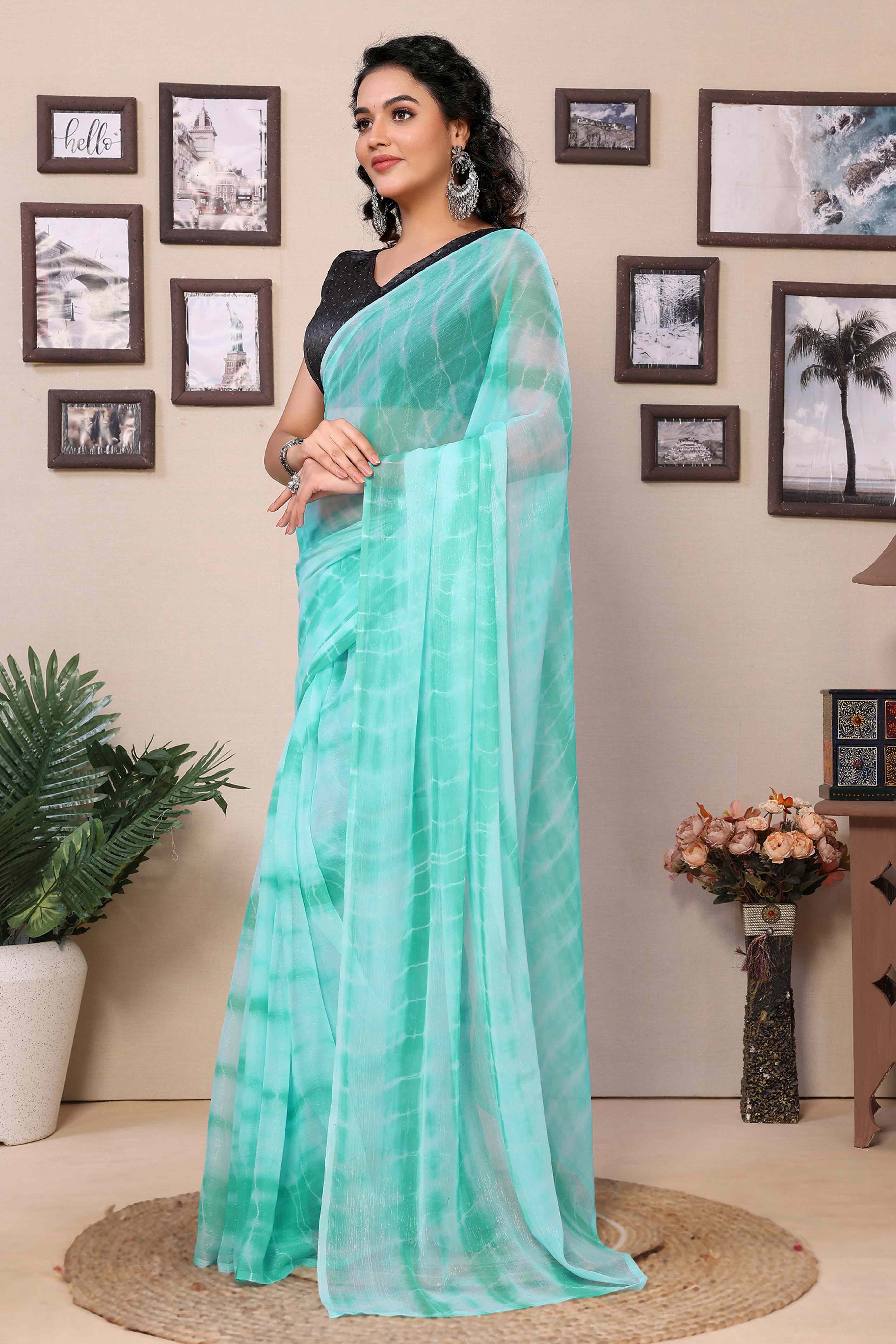 Aqua Blue Shibori Printed Georgette Ready To Wear Saree