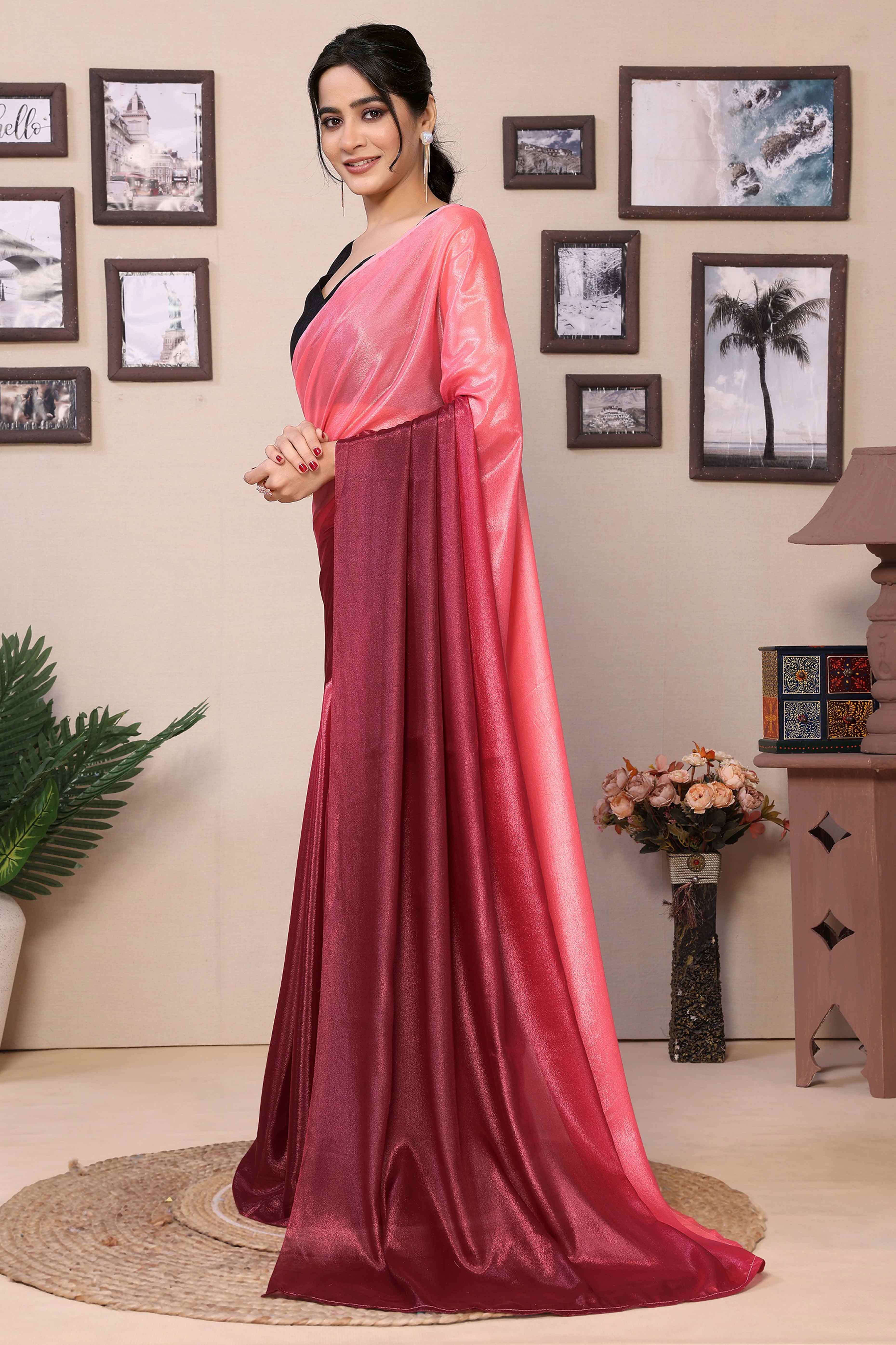 Pink & Maroon Solid Printed Chiffon Ready To Wear Ombre Saree