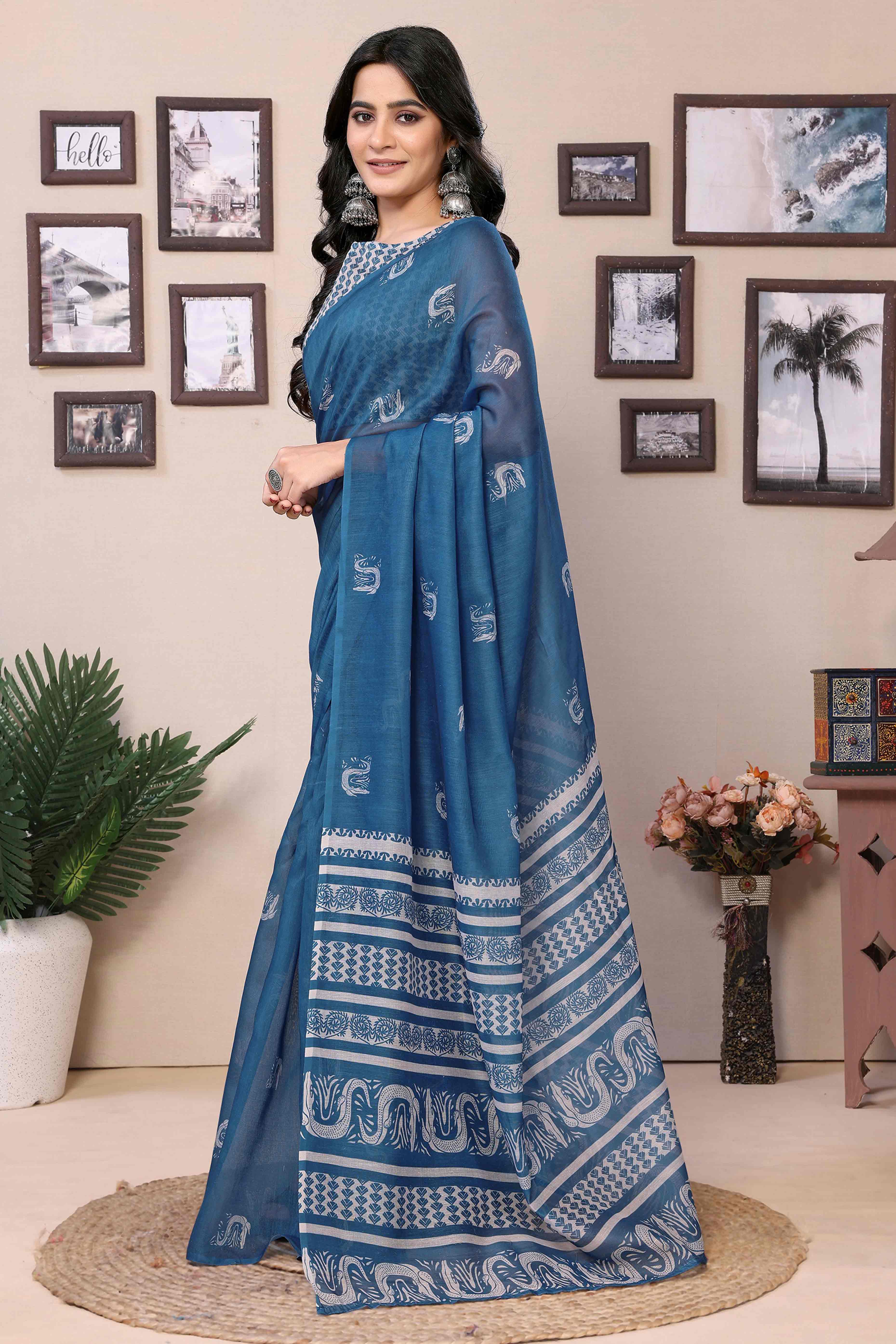 Blue Digital Printed Cotton Blend Ready To Wear Saree