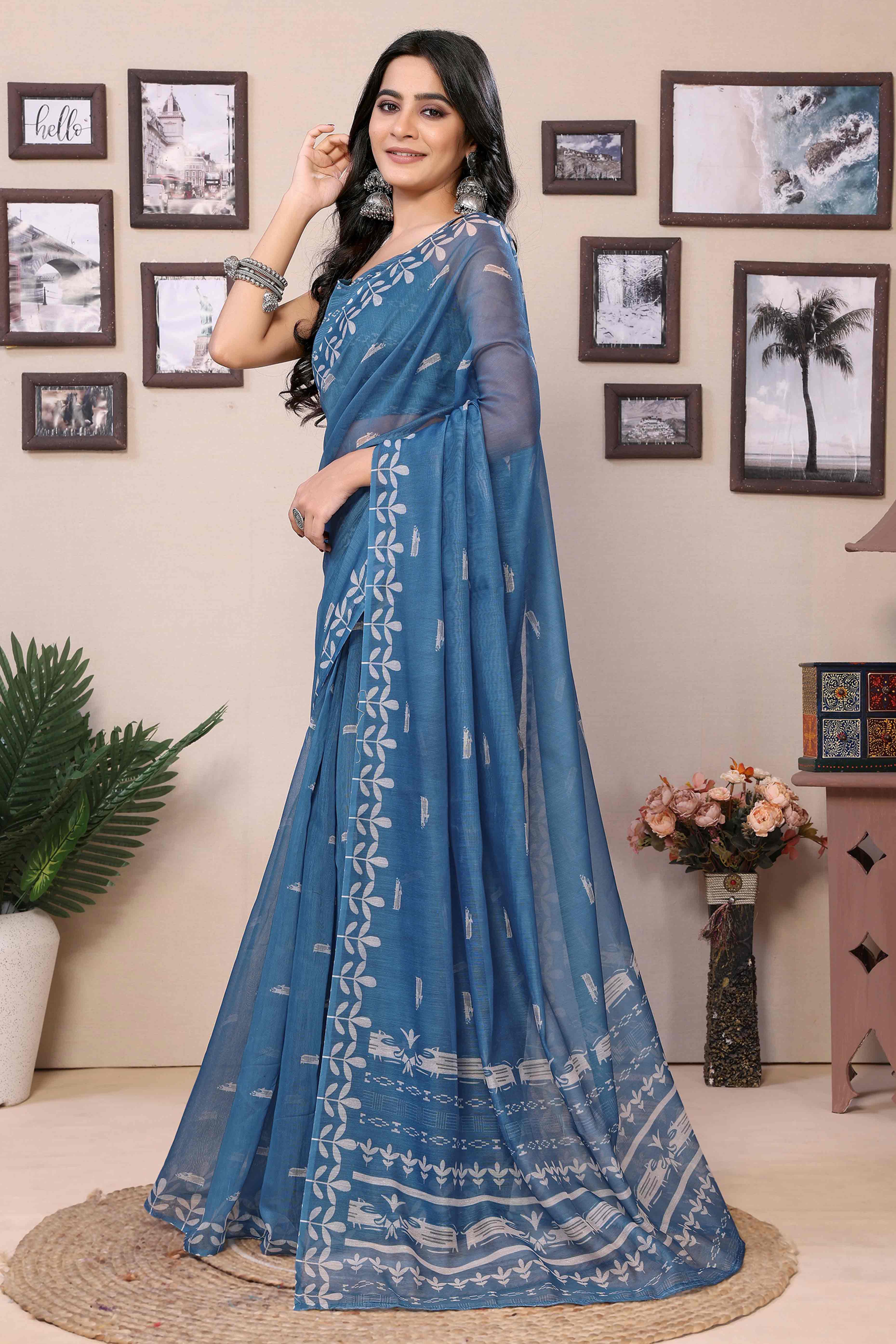 Blue Digital Printed Cotton Blend Ready To Wear Saree