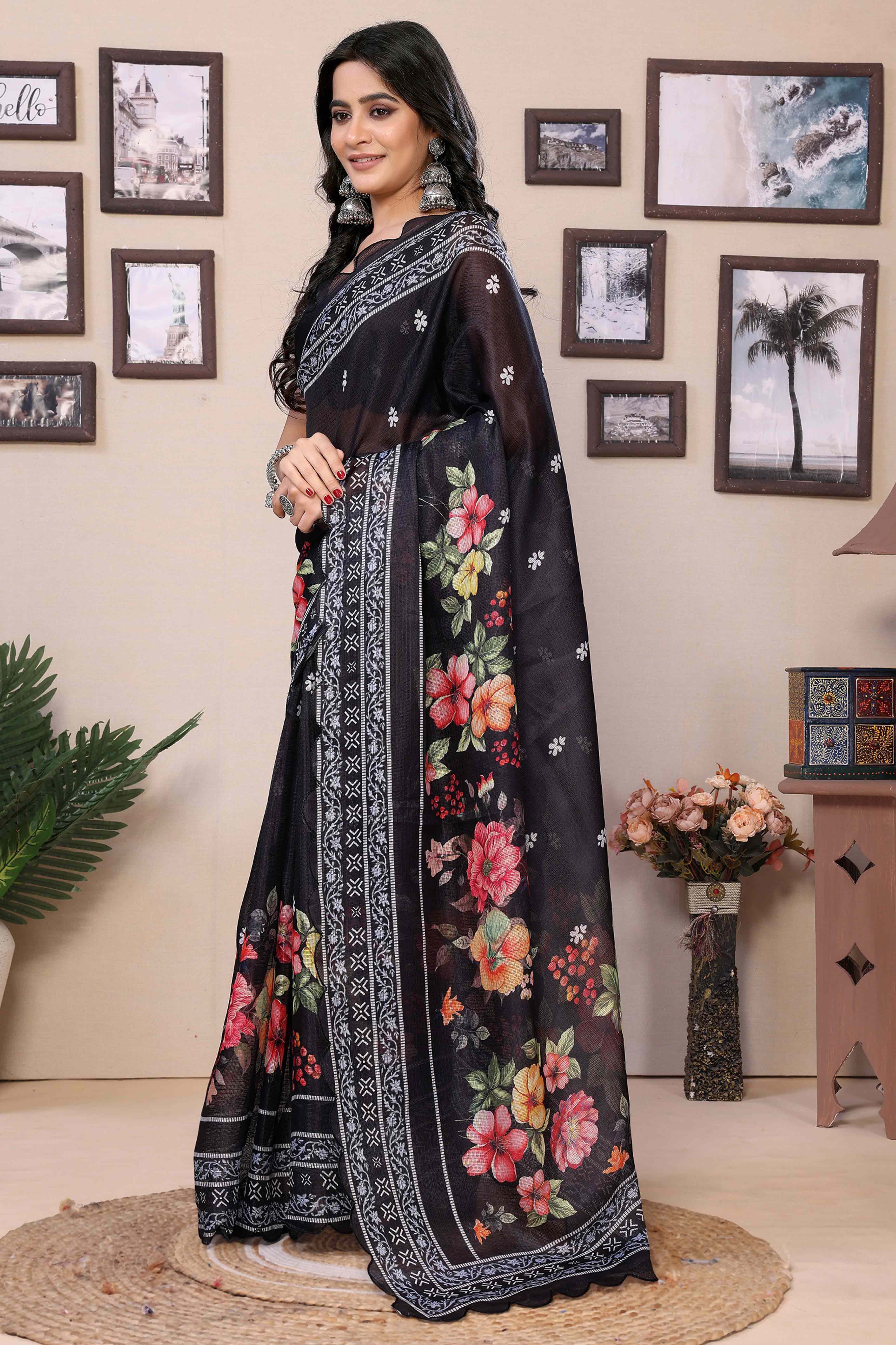 Black Floral Digital Printed Kota Doria Ready To Wear Saree