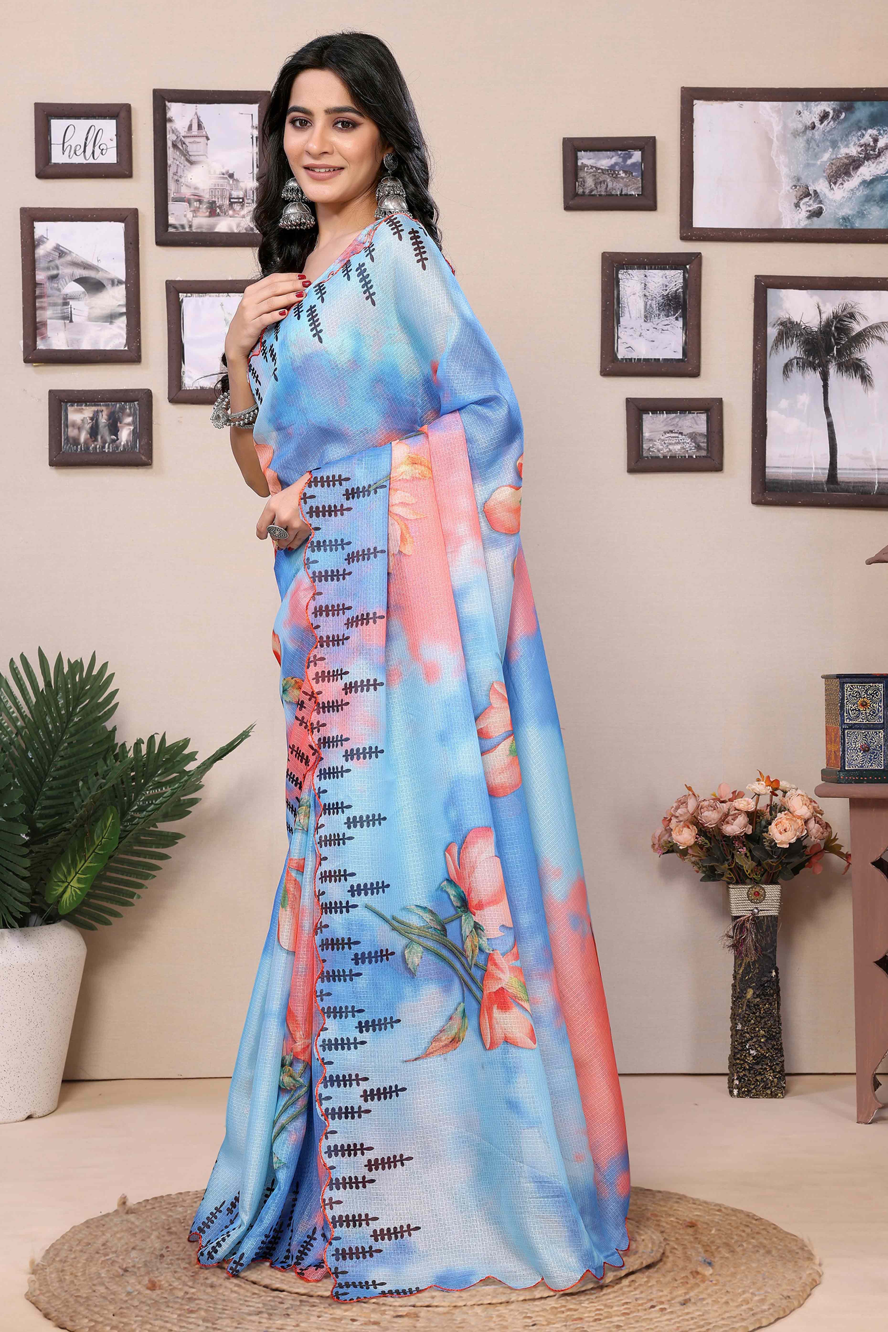Blue Floral Digital Printed Kota Doria Ready To Wear Saree