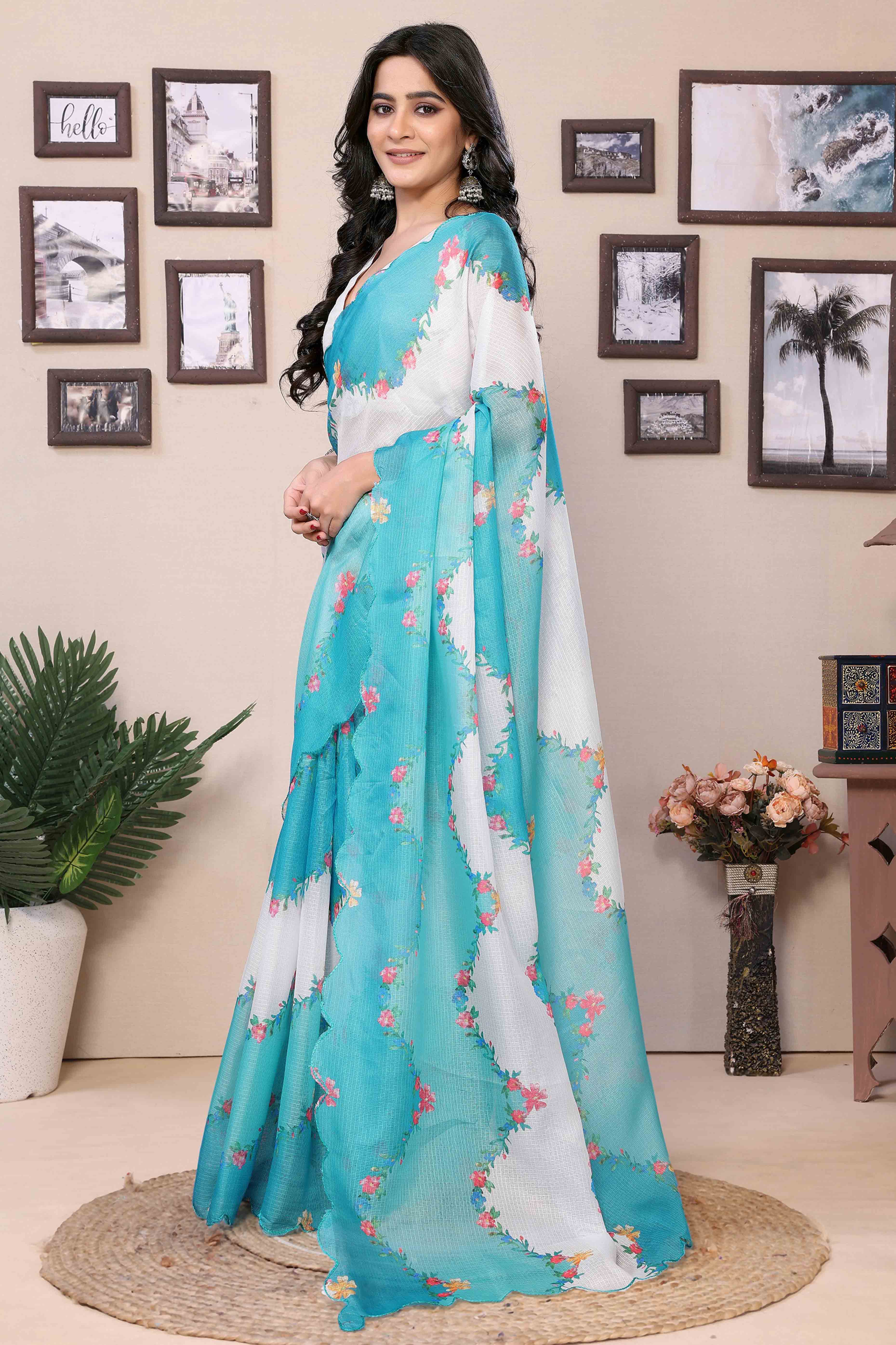 Blue & White Floral Digital Printed Kota Doria Ready To Wear Saree