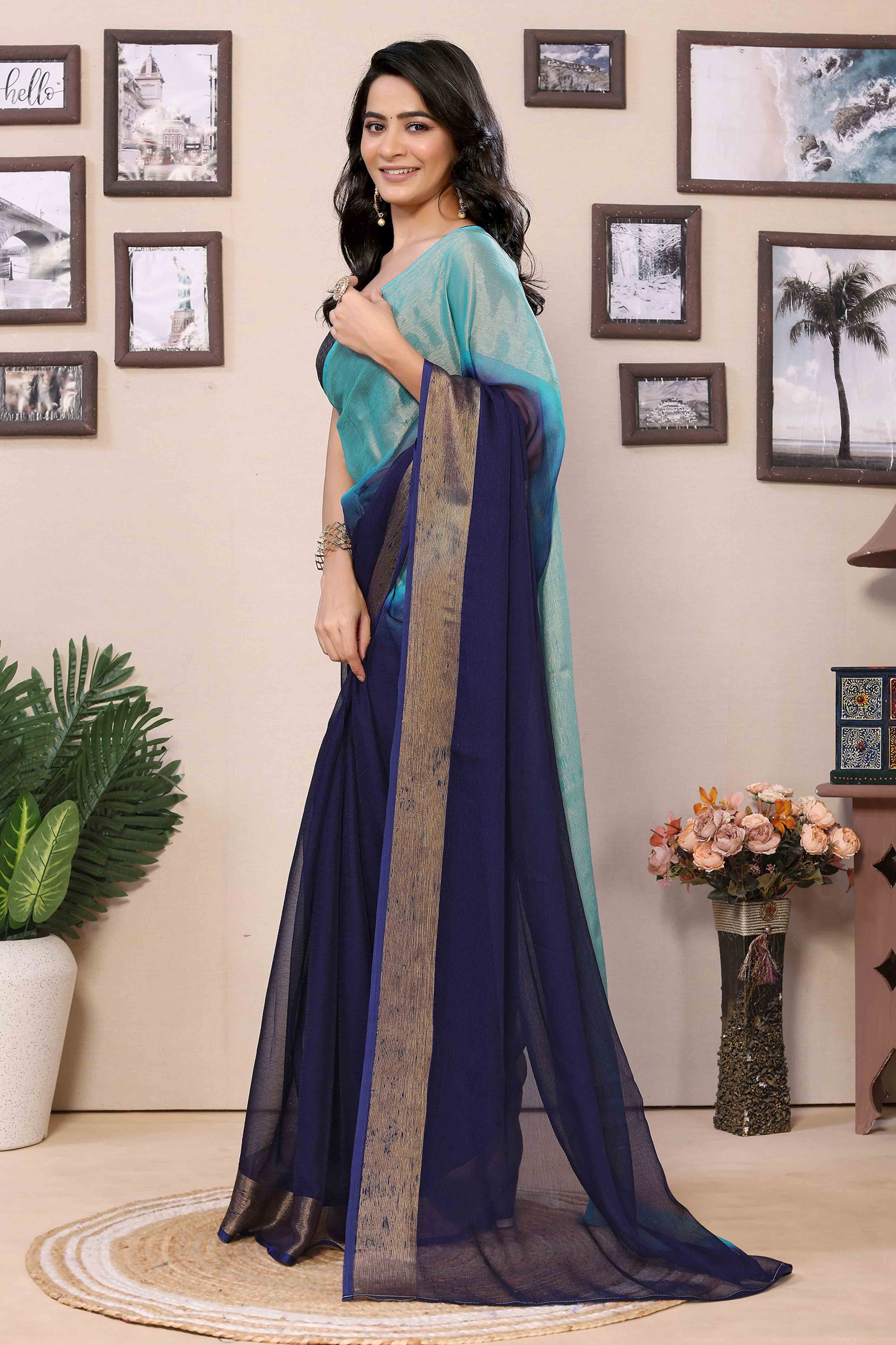 Navy Blue & Turquoise Solid With Zari Woven Border Chiffon Ready To Wear Ombre Saree