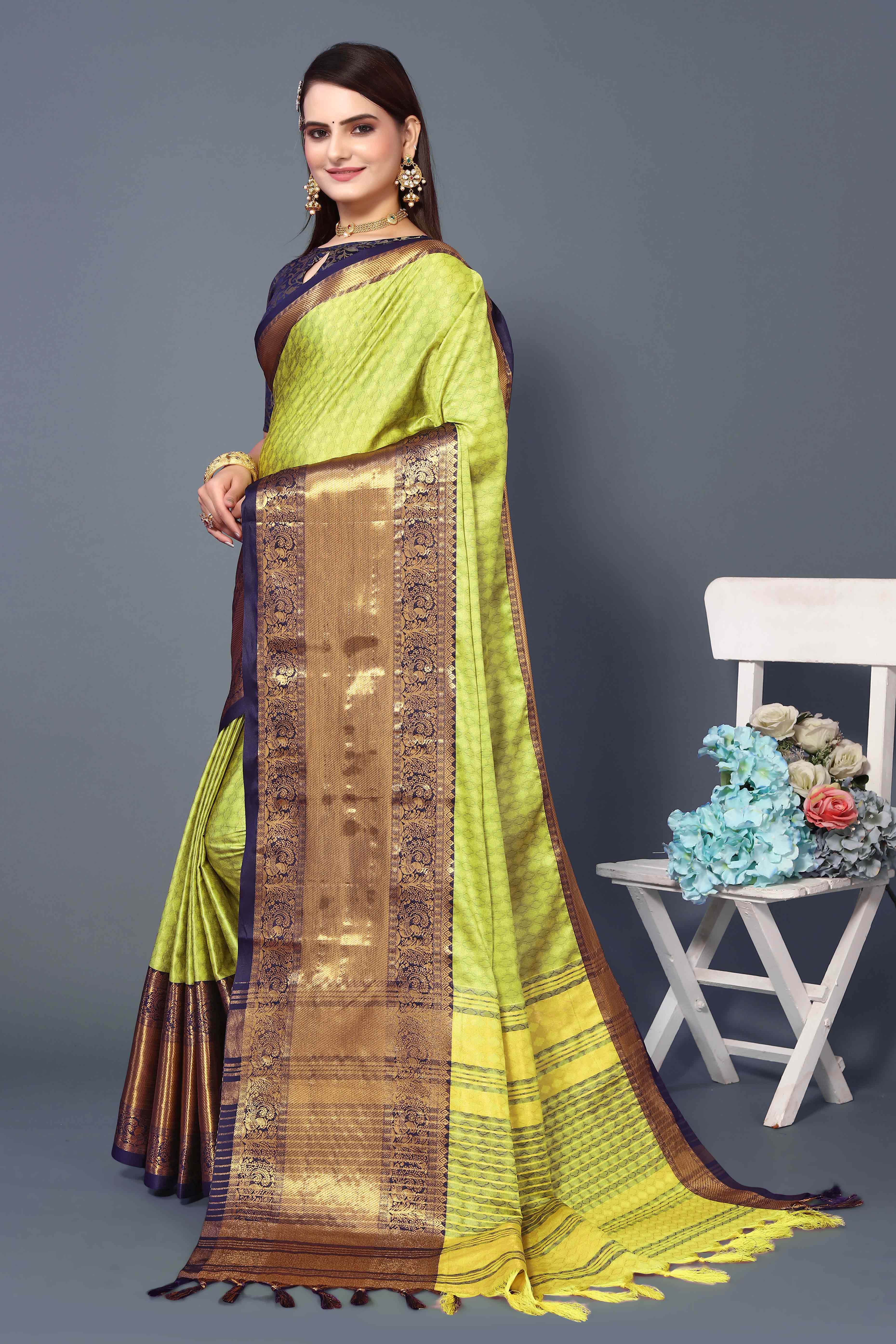 Lemon Green Zari Weaving Cotton Silk Saree