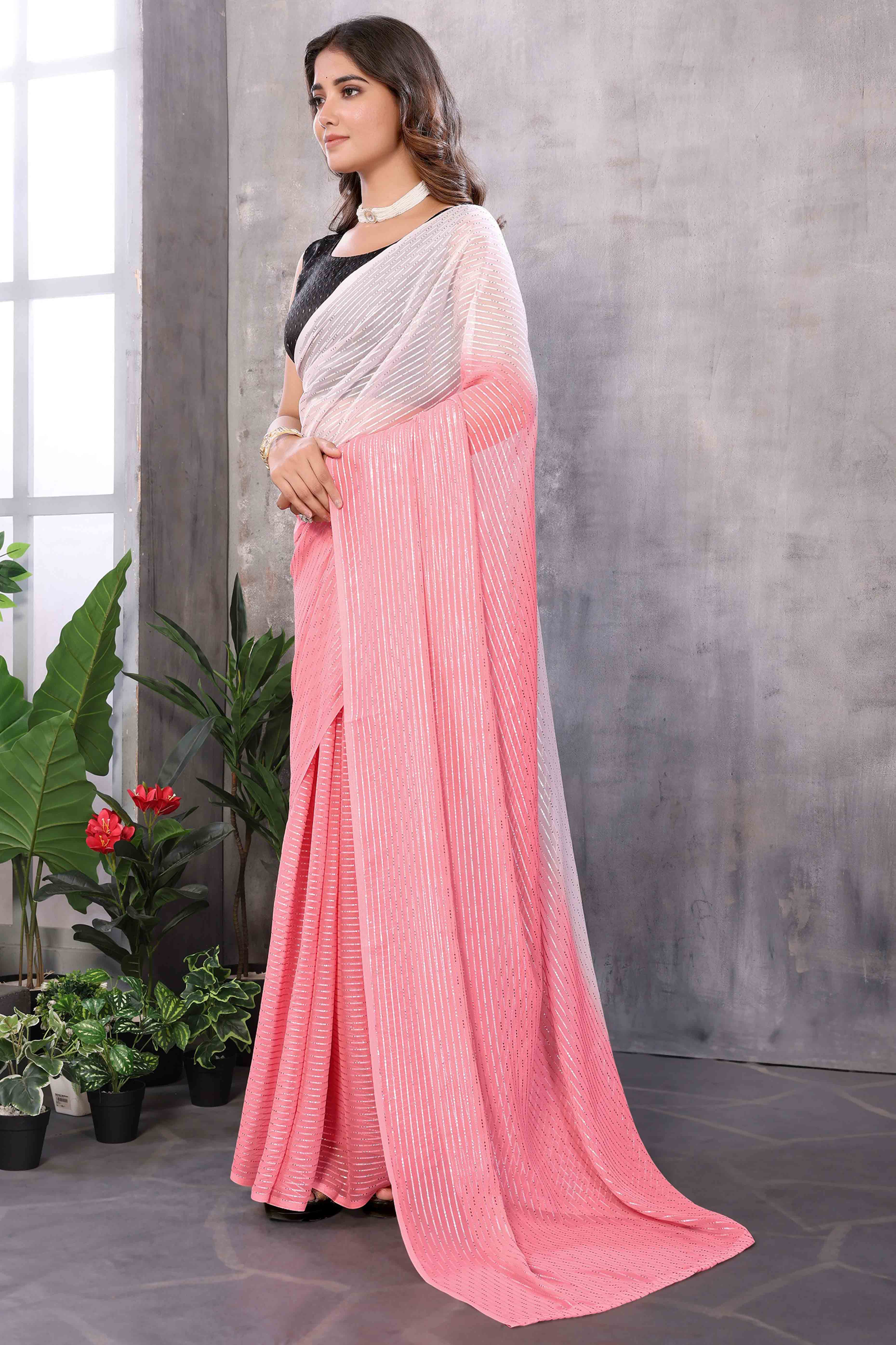Pink Striped Zari Woven Art Silk Ready To Wear Saree