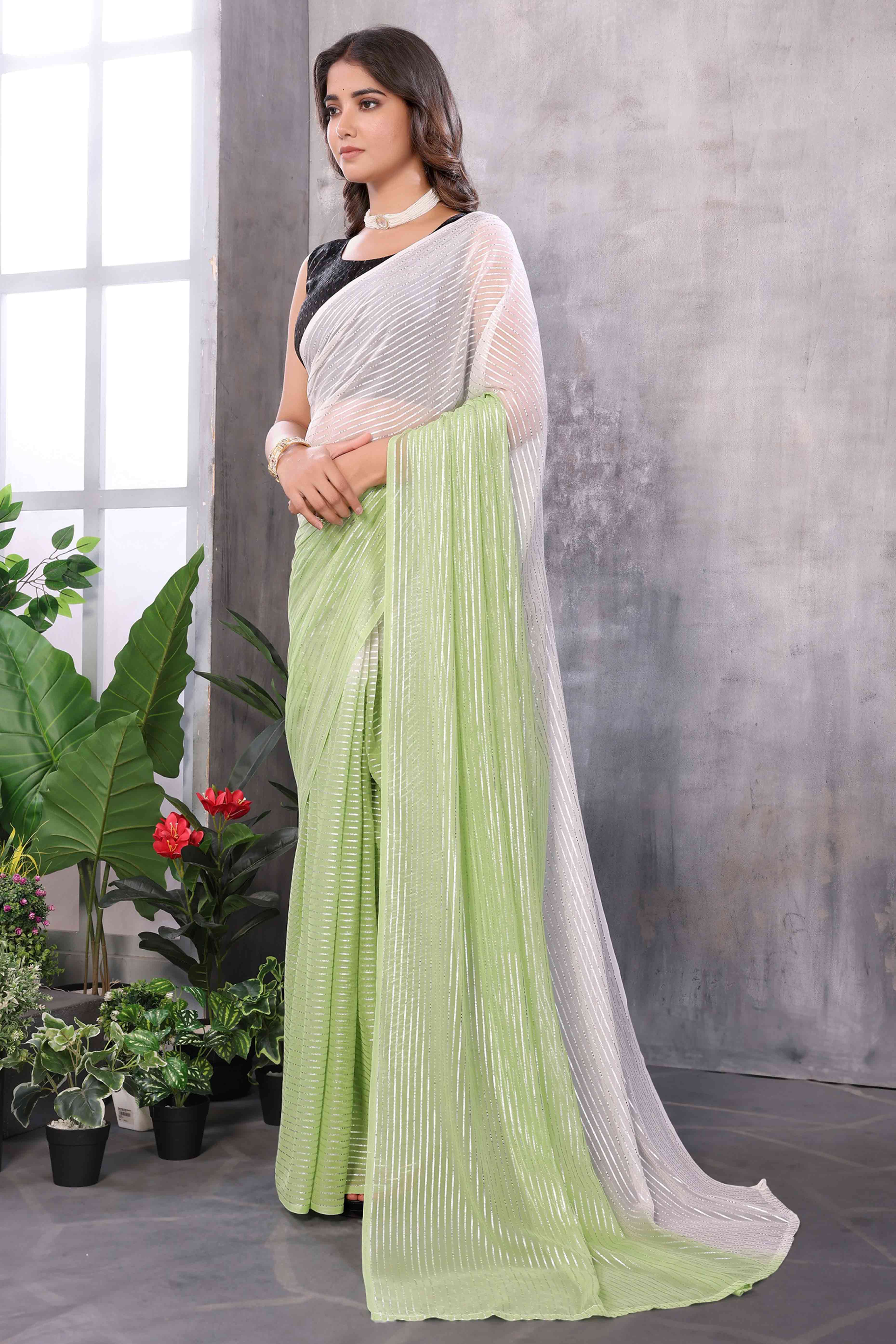 Pista Green Striped Zari Woven Art Silk Ready To Wear Saree