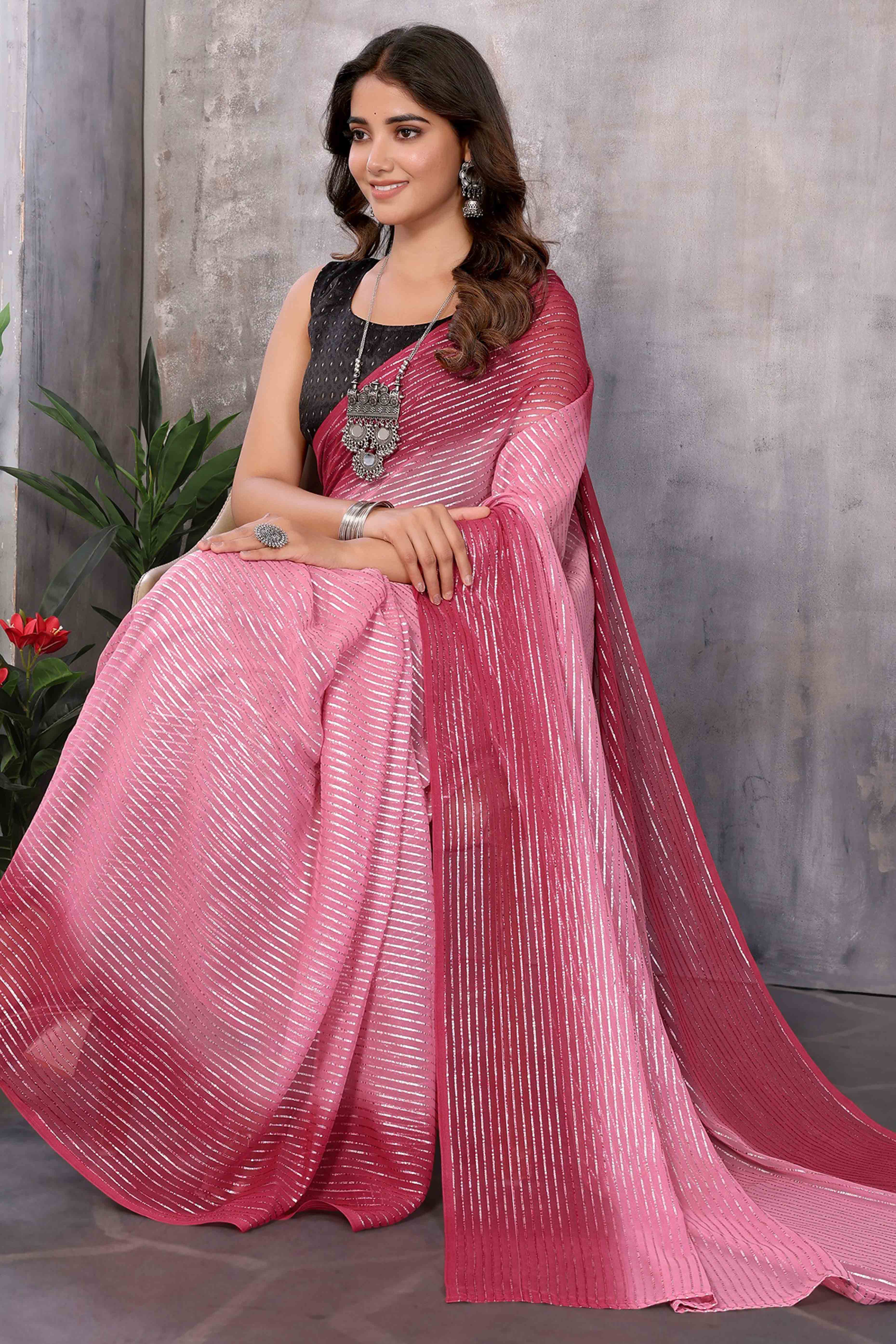 Maroon Striped Zari Woven Art Silk Ready To Wear Saree