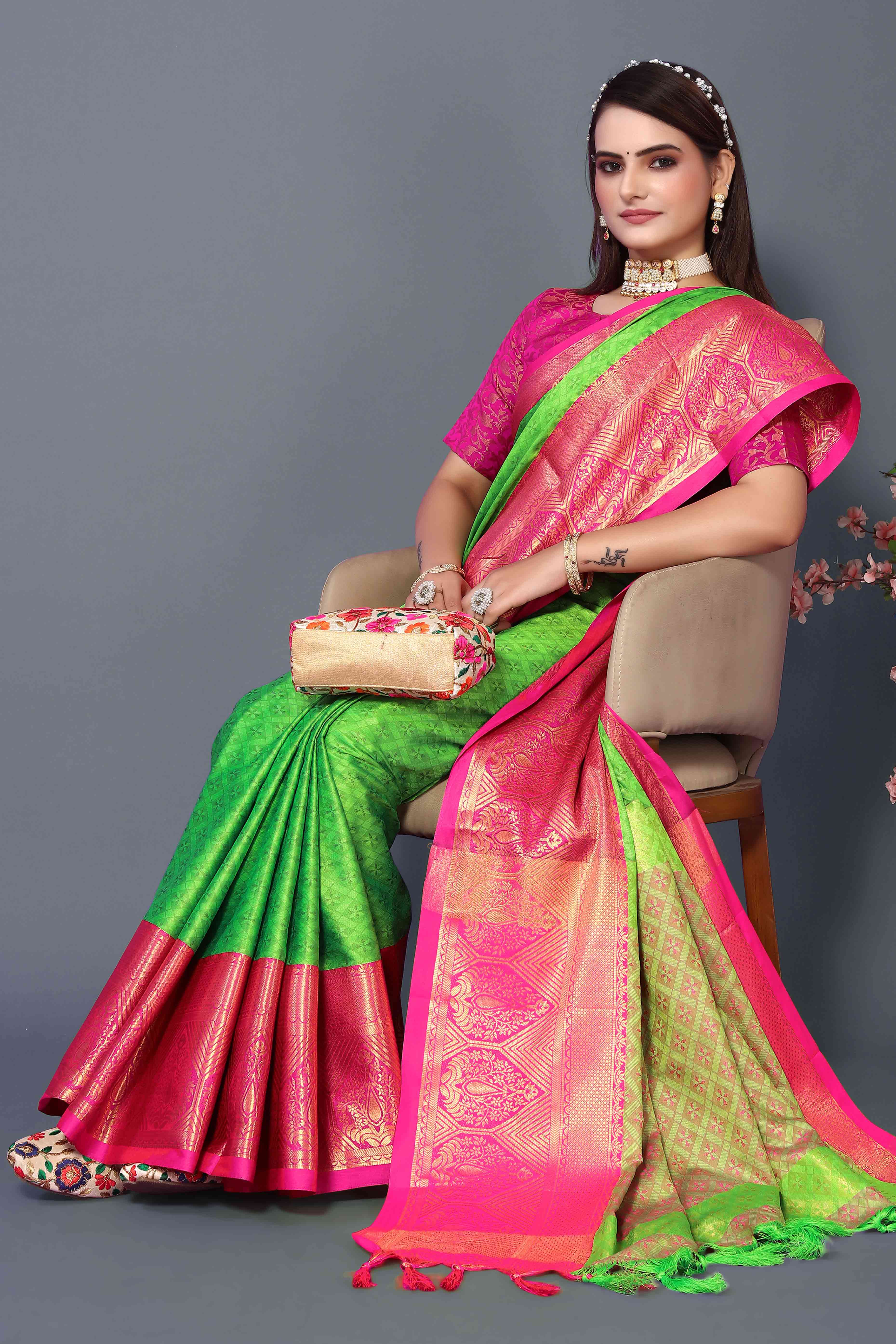 Lemon Green Zari Weaving Cotton Silk Saree