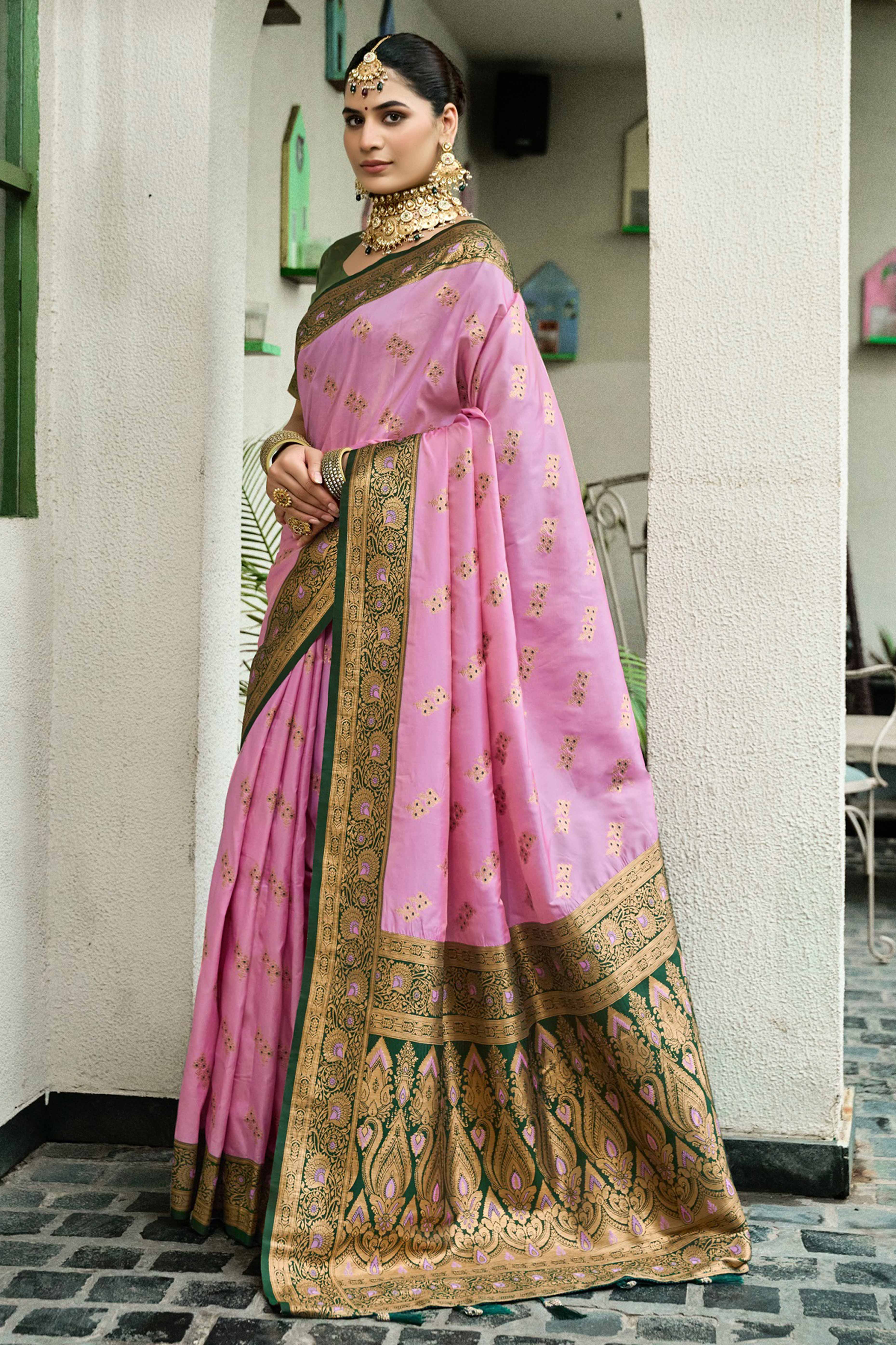 Pink Silk Blend Saree Featuring Intricate Floral Zari Work