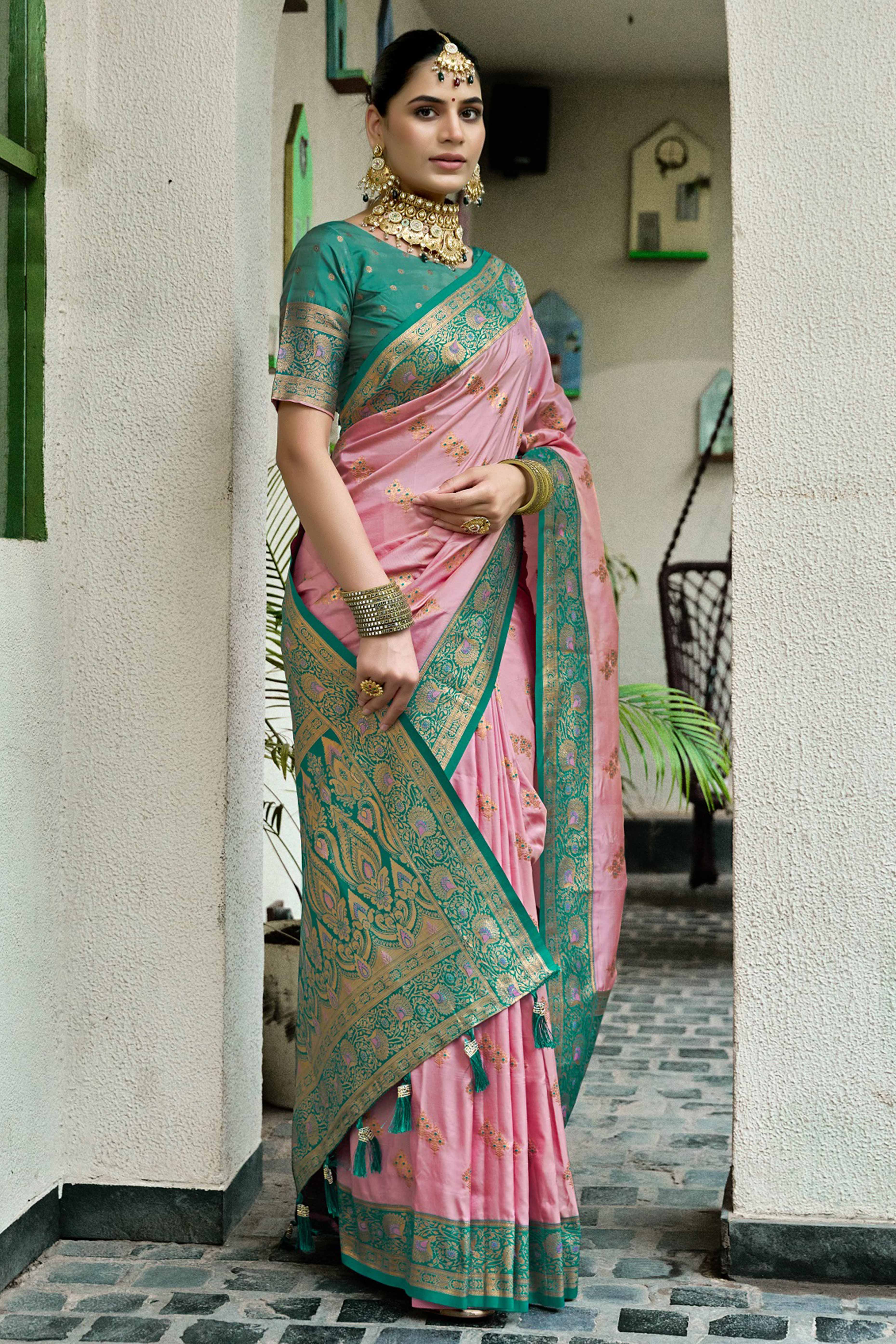 Peach Silk Blend Saree Featuring Intricate Floral Zari Work