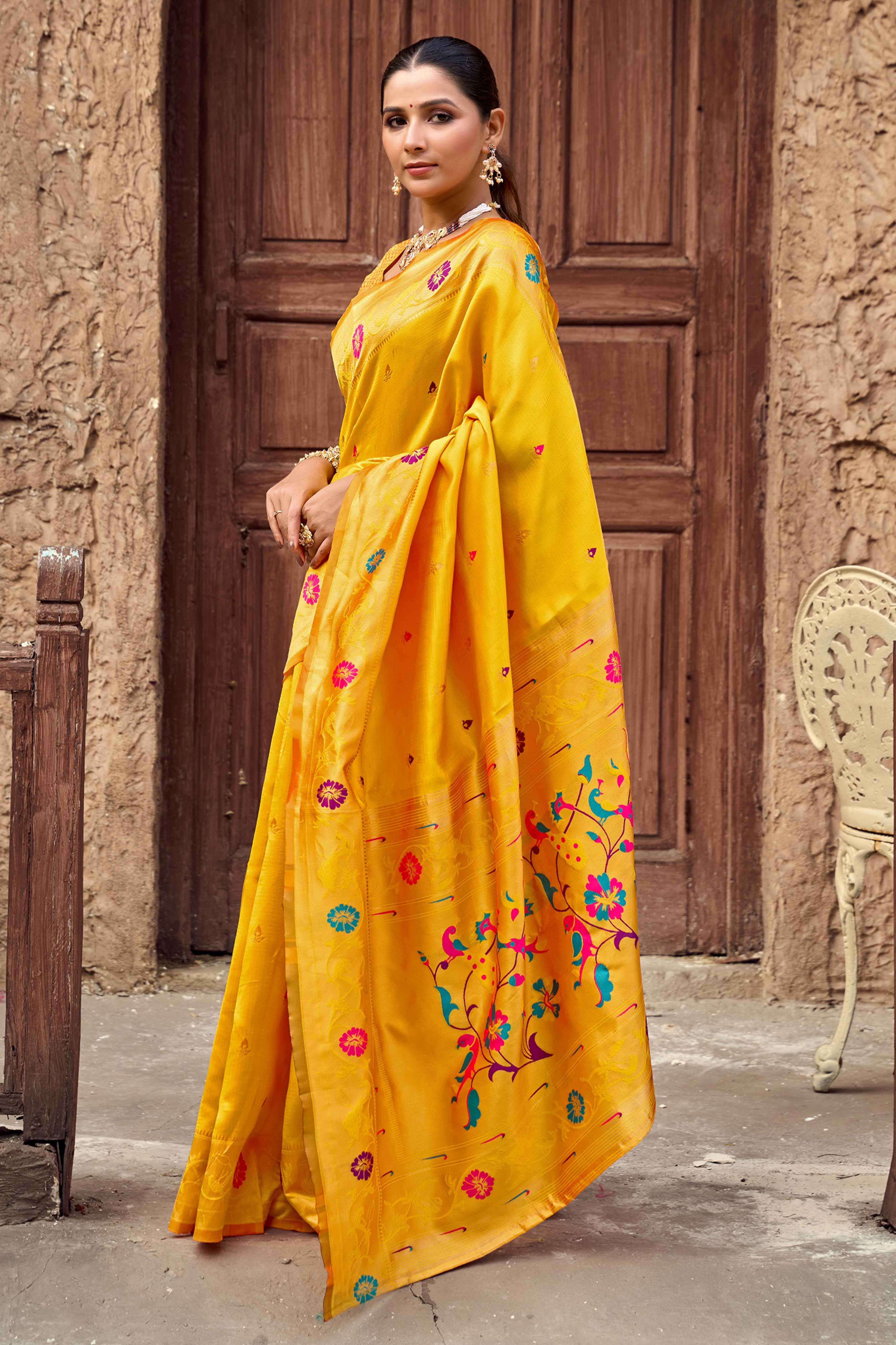 Yellow Paithani Style Soft Silk Saree with Zari Weaving