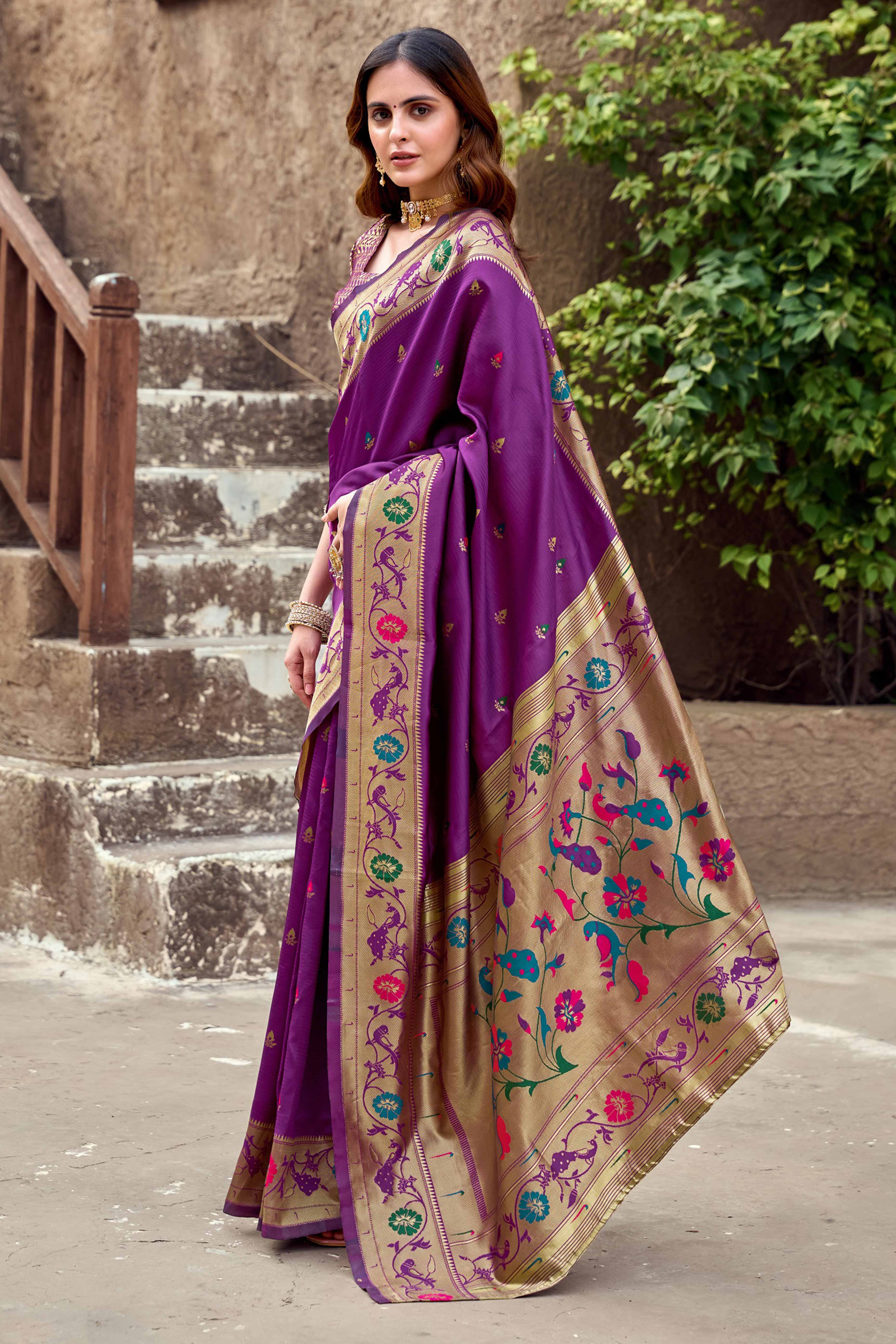 Purple Paithani Style Soft Silk Saree with Zari Weaving